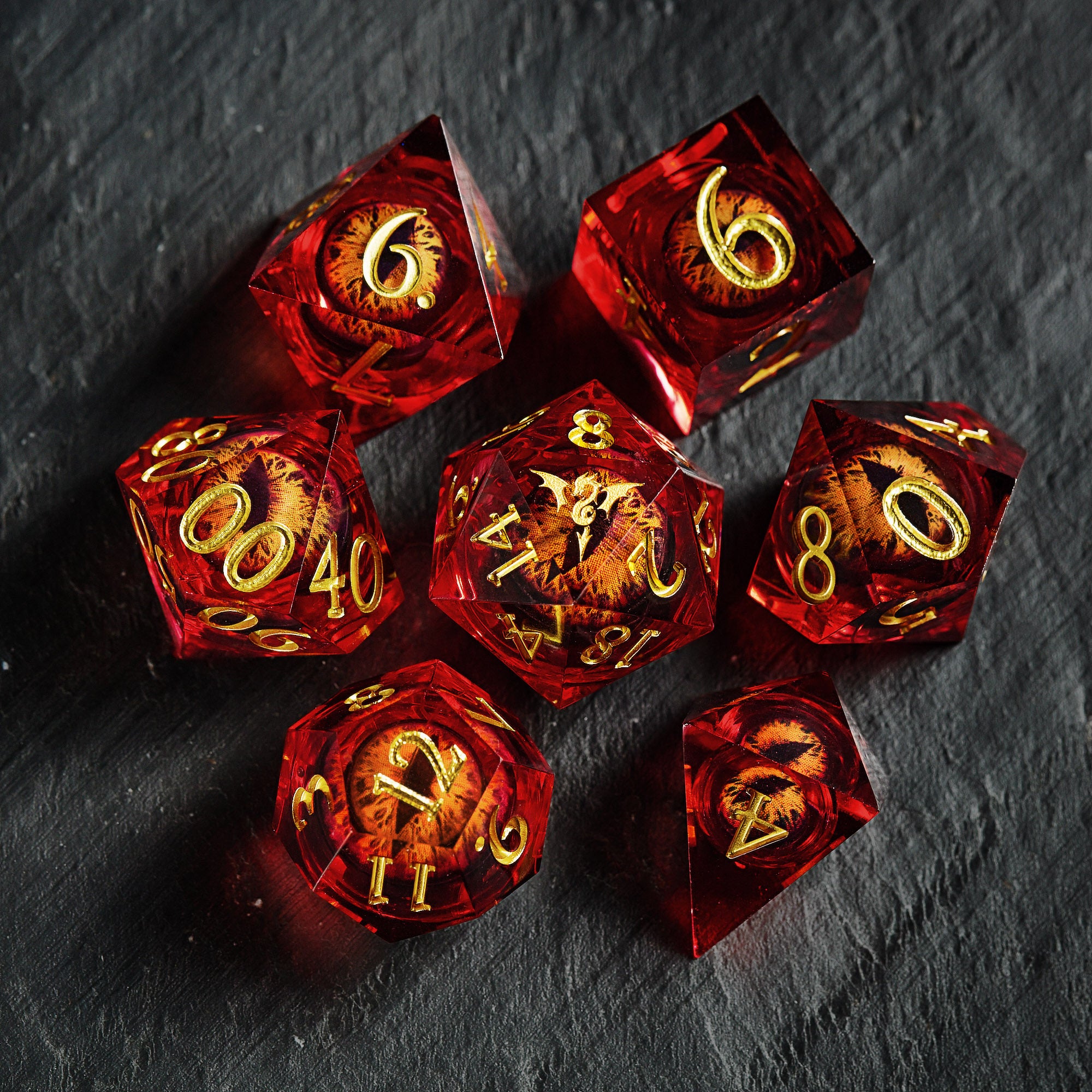 Floating Red Pupil Dragon's Eye Liquid Core Resin Flying Dragon DnD D&D Dice Set
