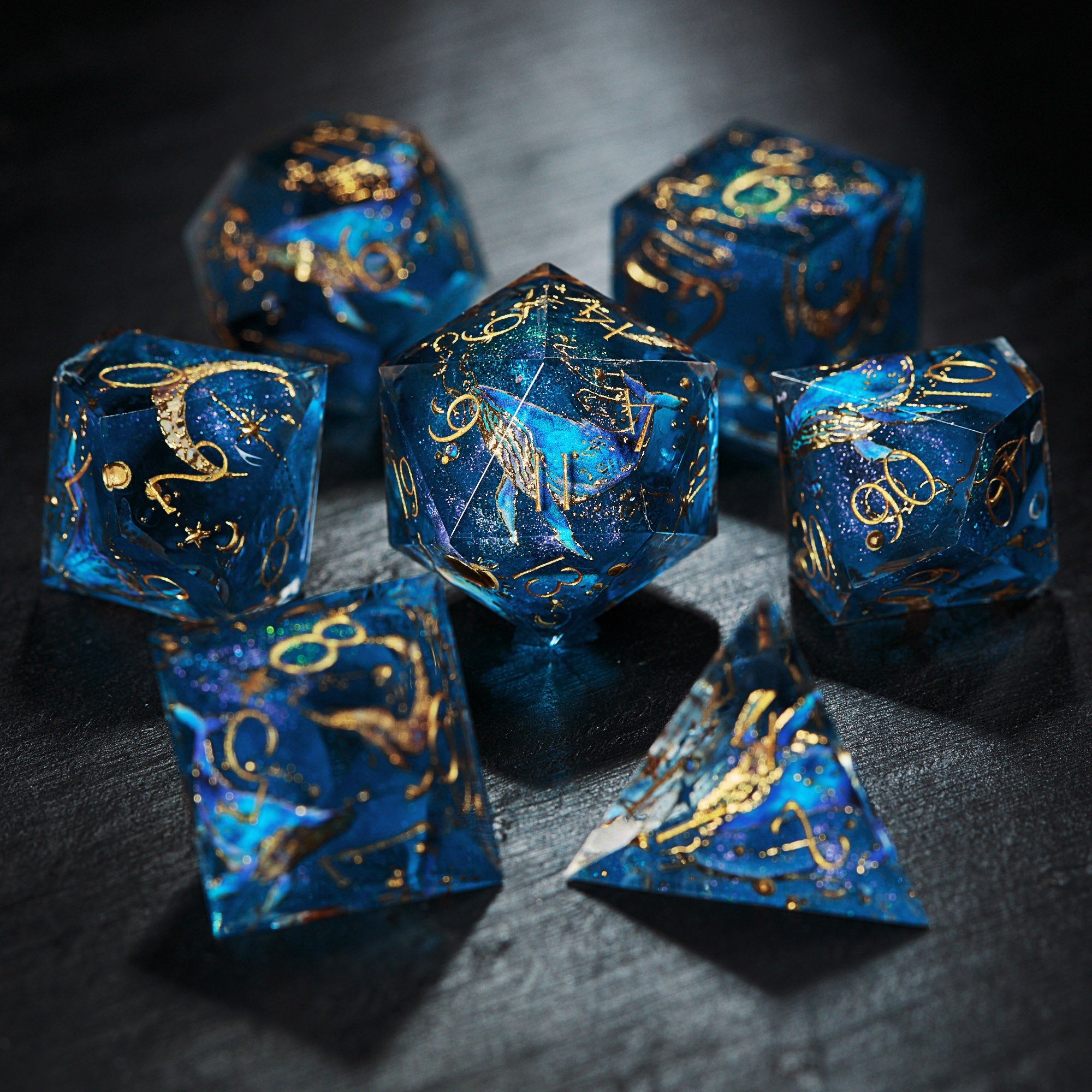Blue Whale And Moon Resin DnD D&D Dice Set