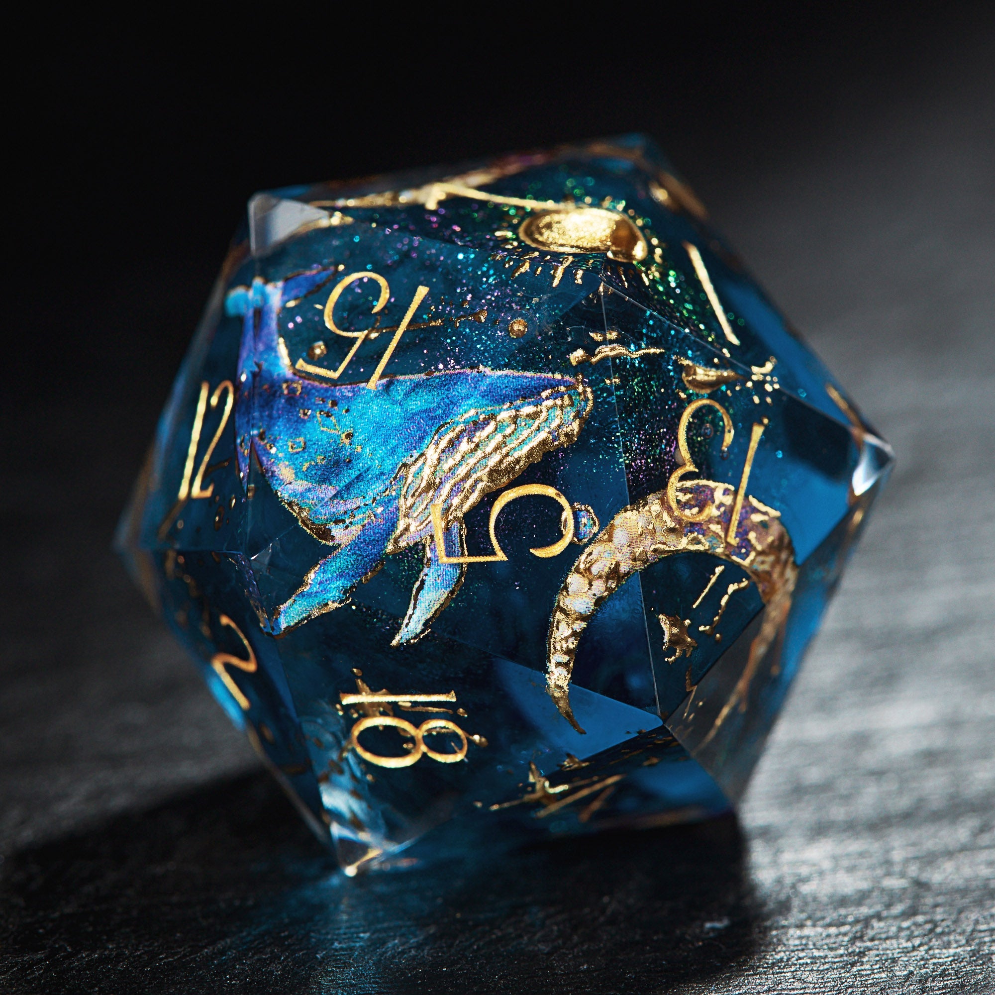 Blue Whale And Moon Resin DnD D&D Dice Set