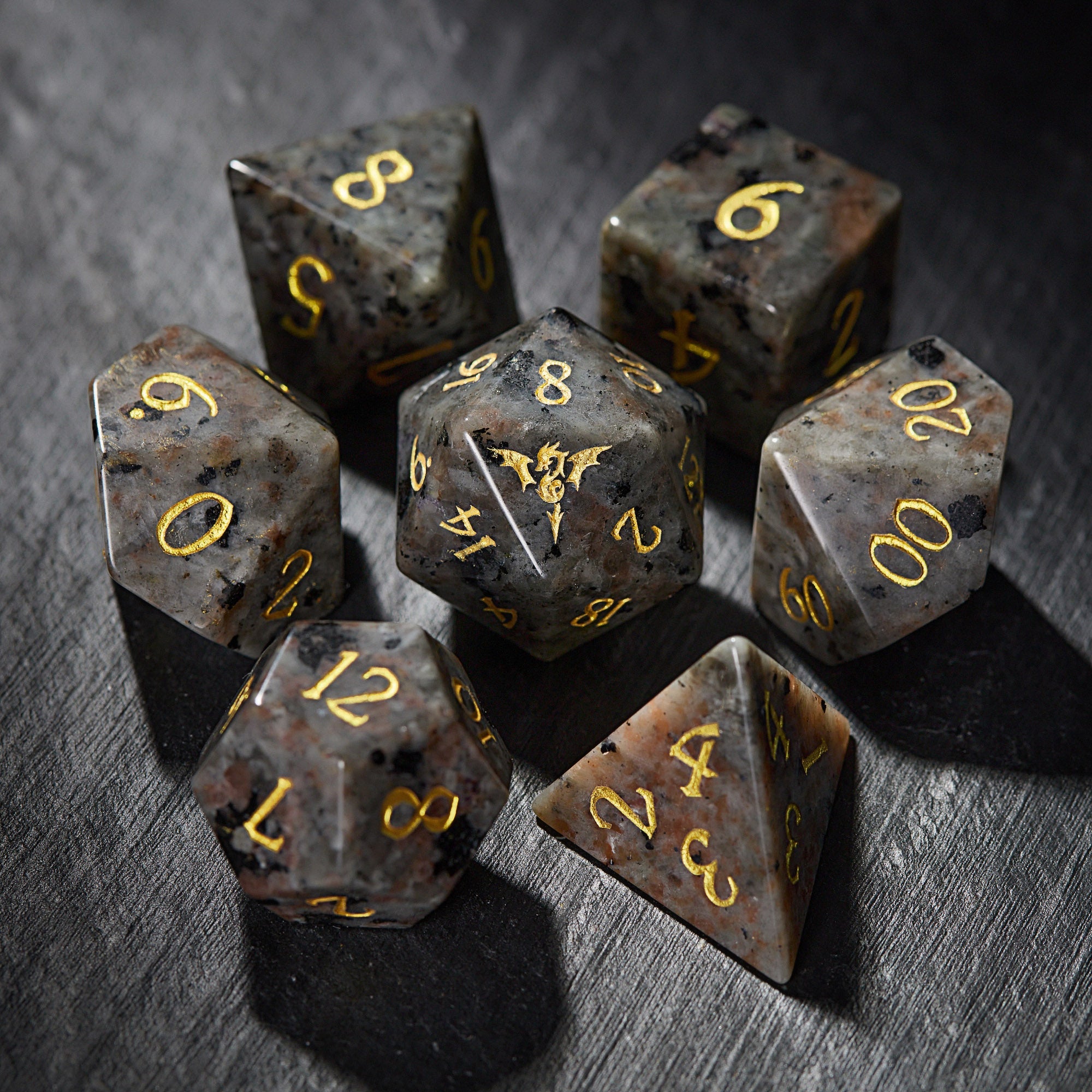 Yooperlite UV Reactive Gemstone Flying Dragon DnD D&D Dice Set