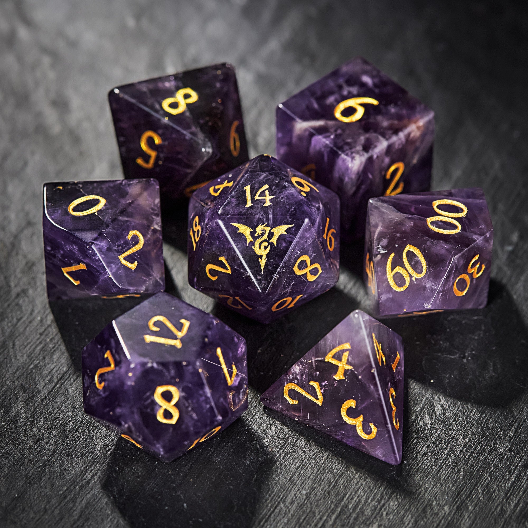 Amethyst Gemstone Flying Dragon DnD D&D Dice Set