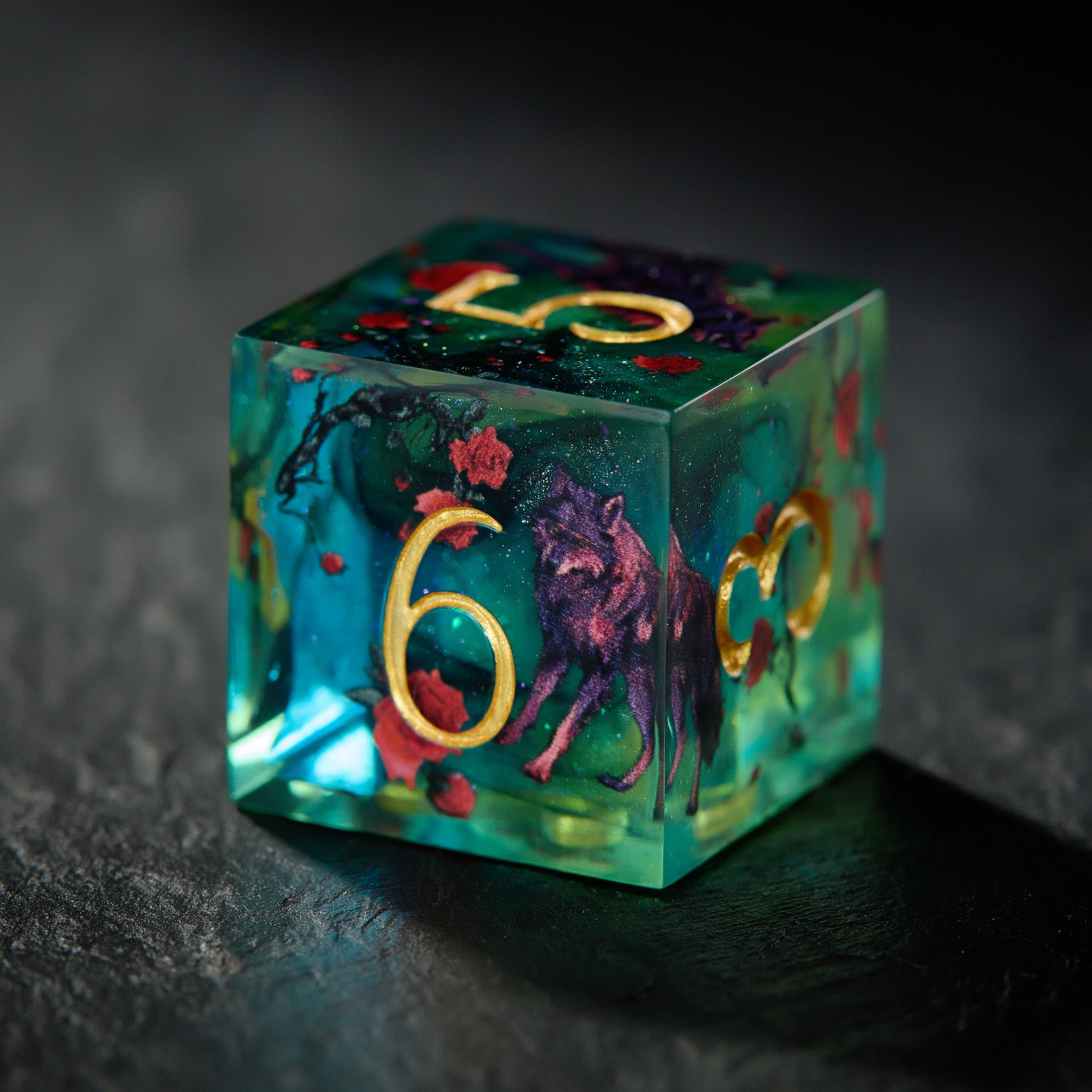 Black Wolf Rose Blue Green Dice - CrystalMaggie