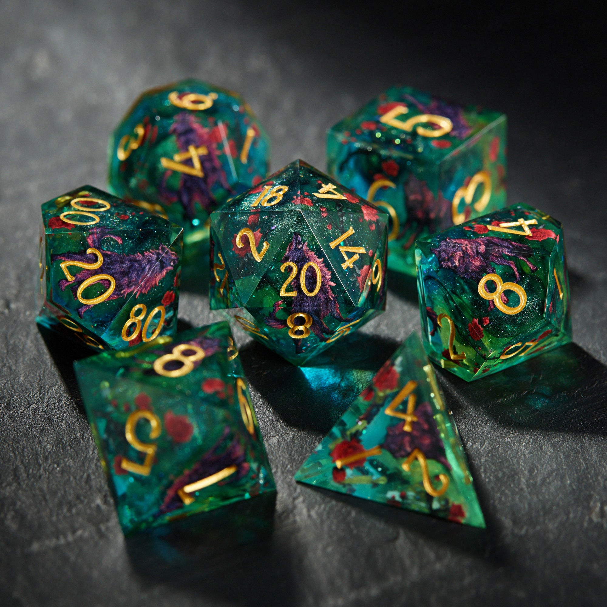 Black Wolf Rose Blue Green Dice - CrystalMaggie