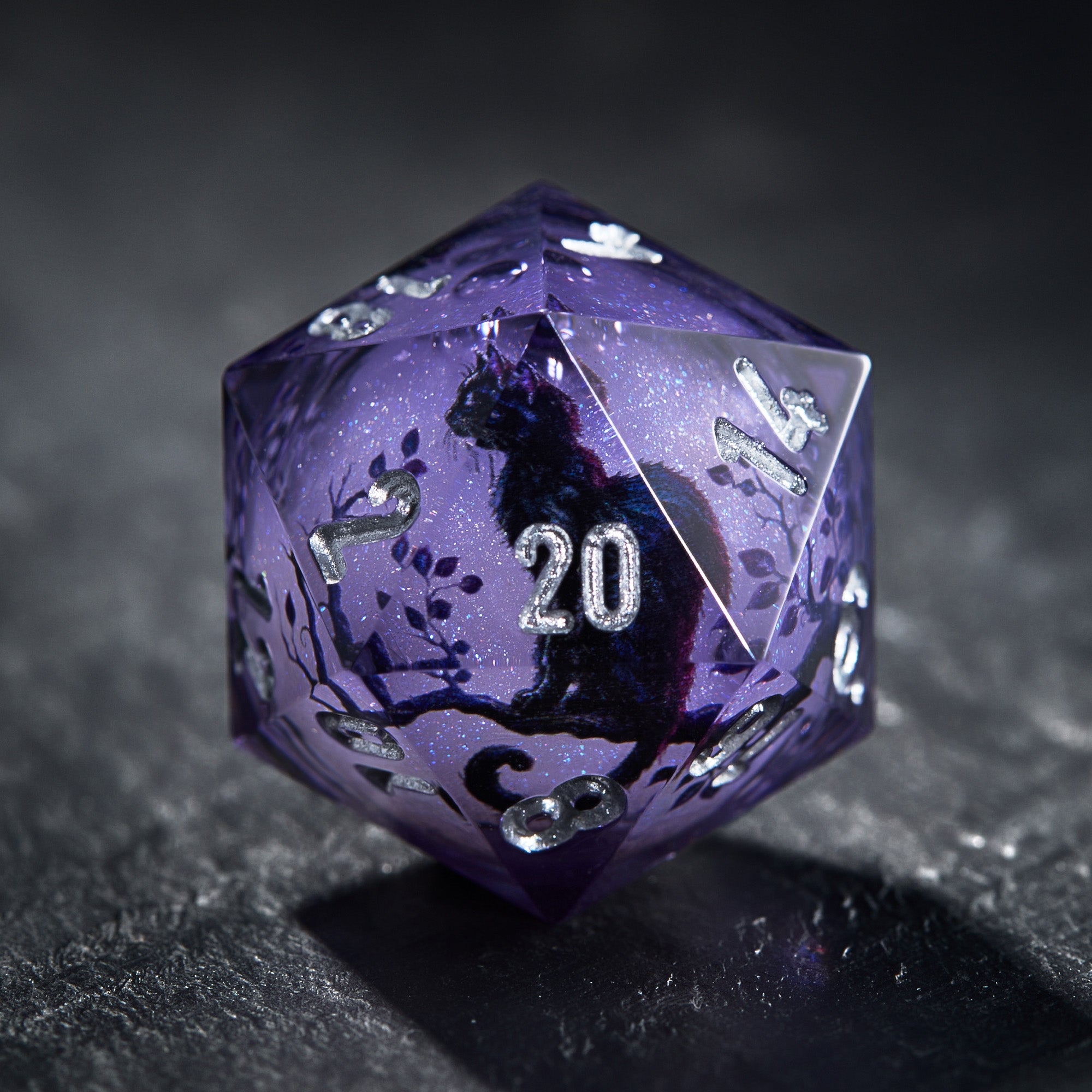 Moonlit Cat Shadow Purple Liquid Core Dice - CrystalMaggie