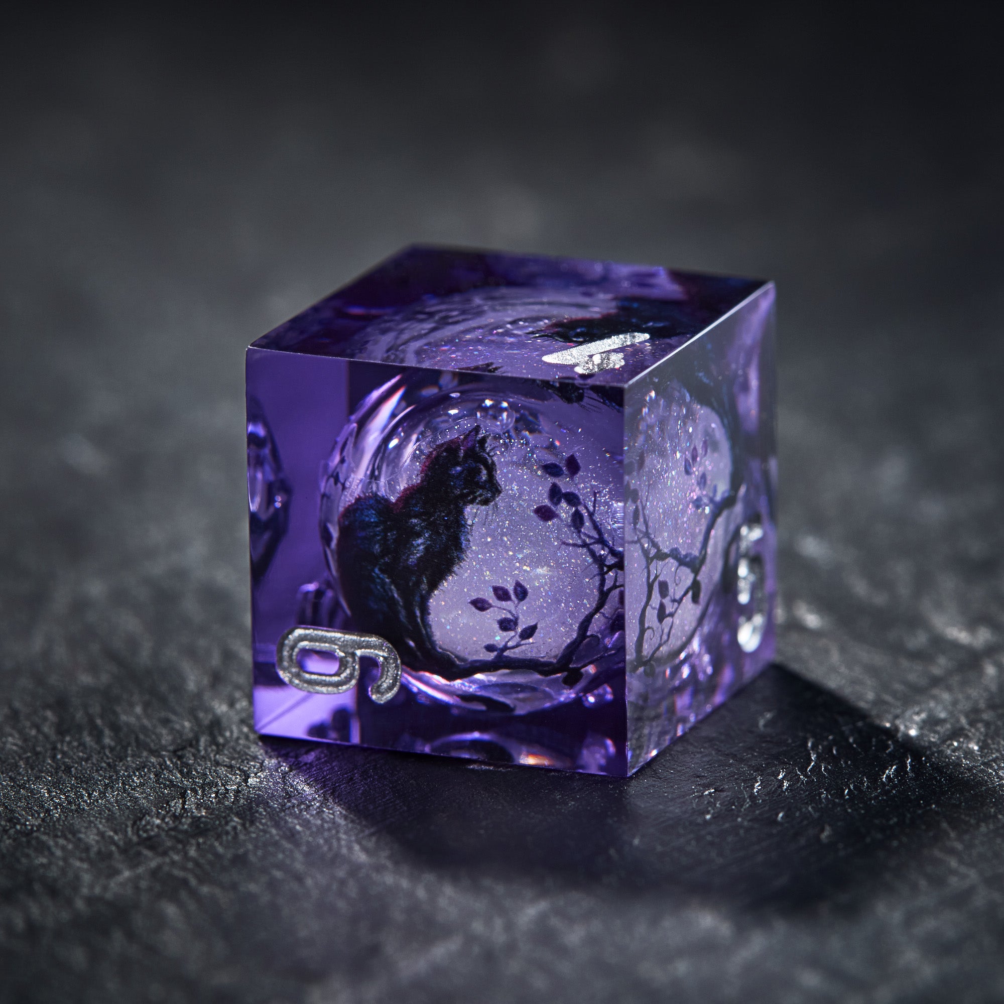 Moonlit Cat Shadow Purple Liquid Core Dice - CrystalMaggie
