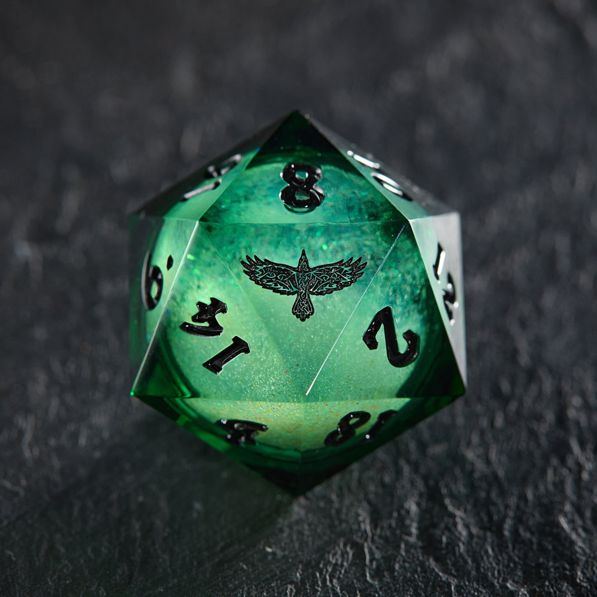 Green Liquid Core Resin Galaxy Dice Celtic Ravens Dice - CrystalMaggie