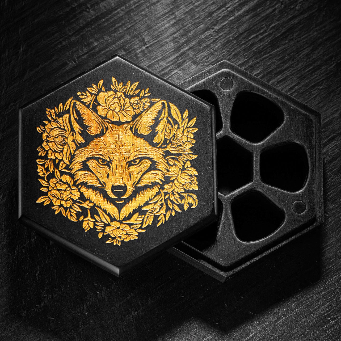 Black Wood Flowers and Fox Motif Dice Box