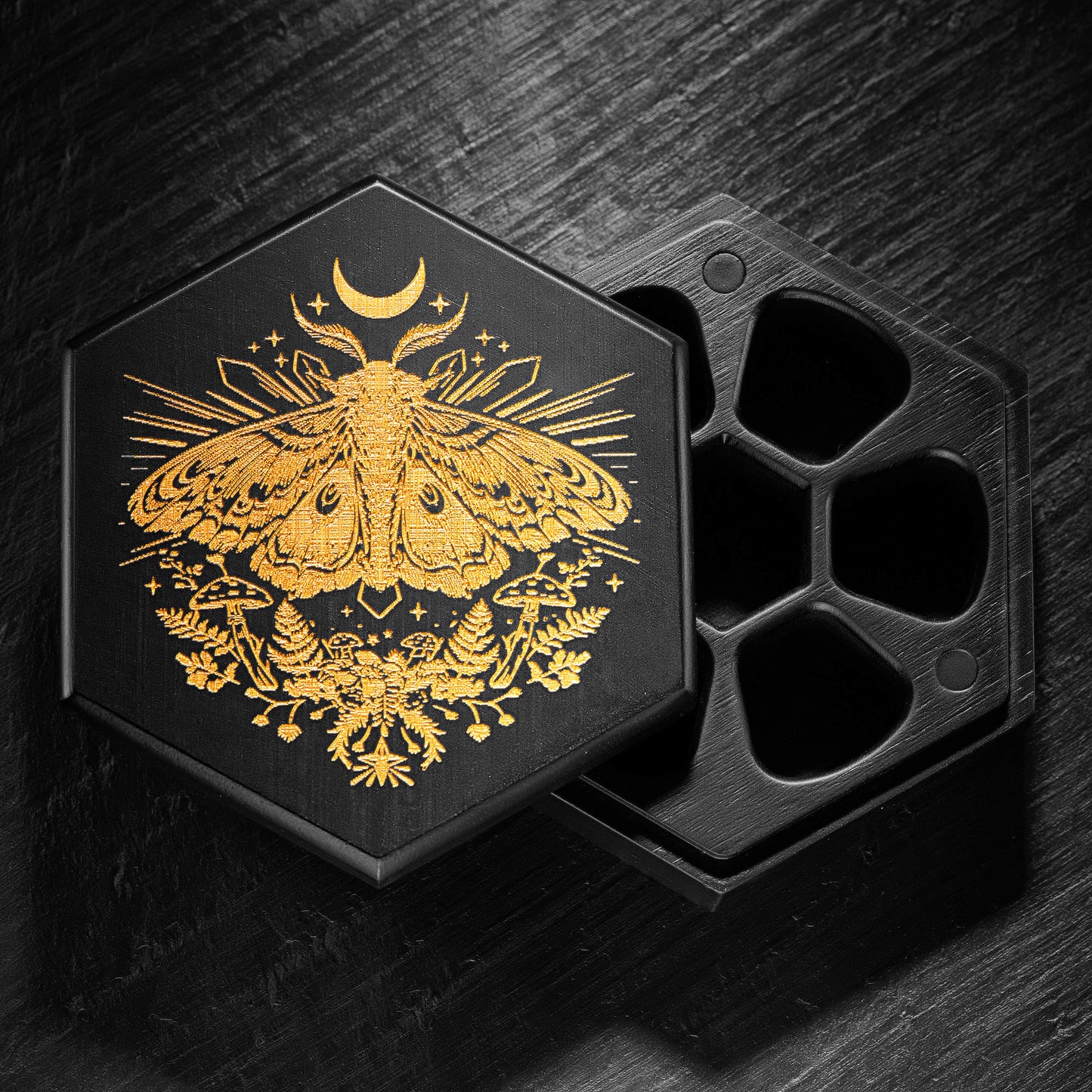 Black Wood Moth Mushroom Motif Dice Box