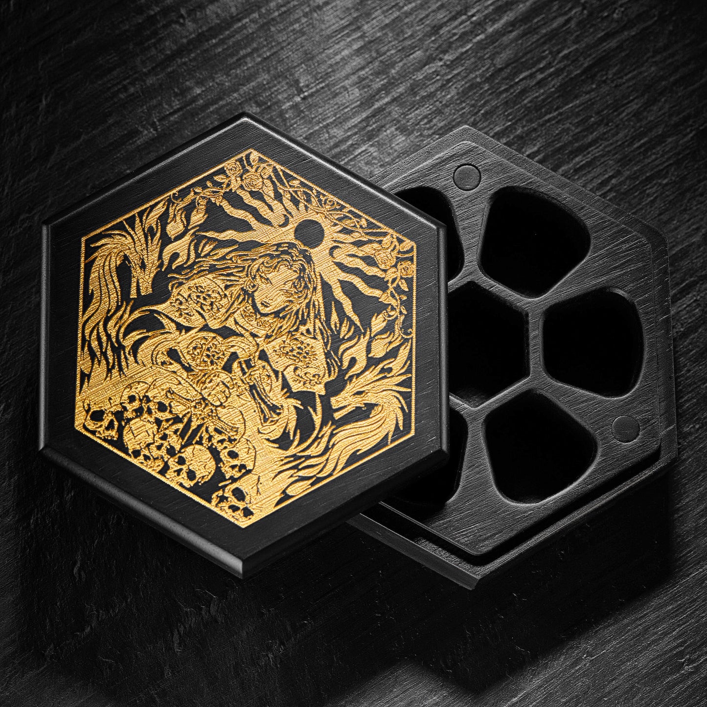Black Wood Lady Knight of the Sun Motif Dice Box