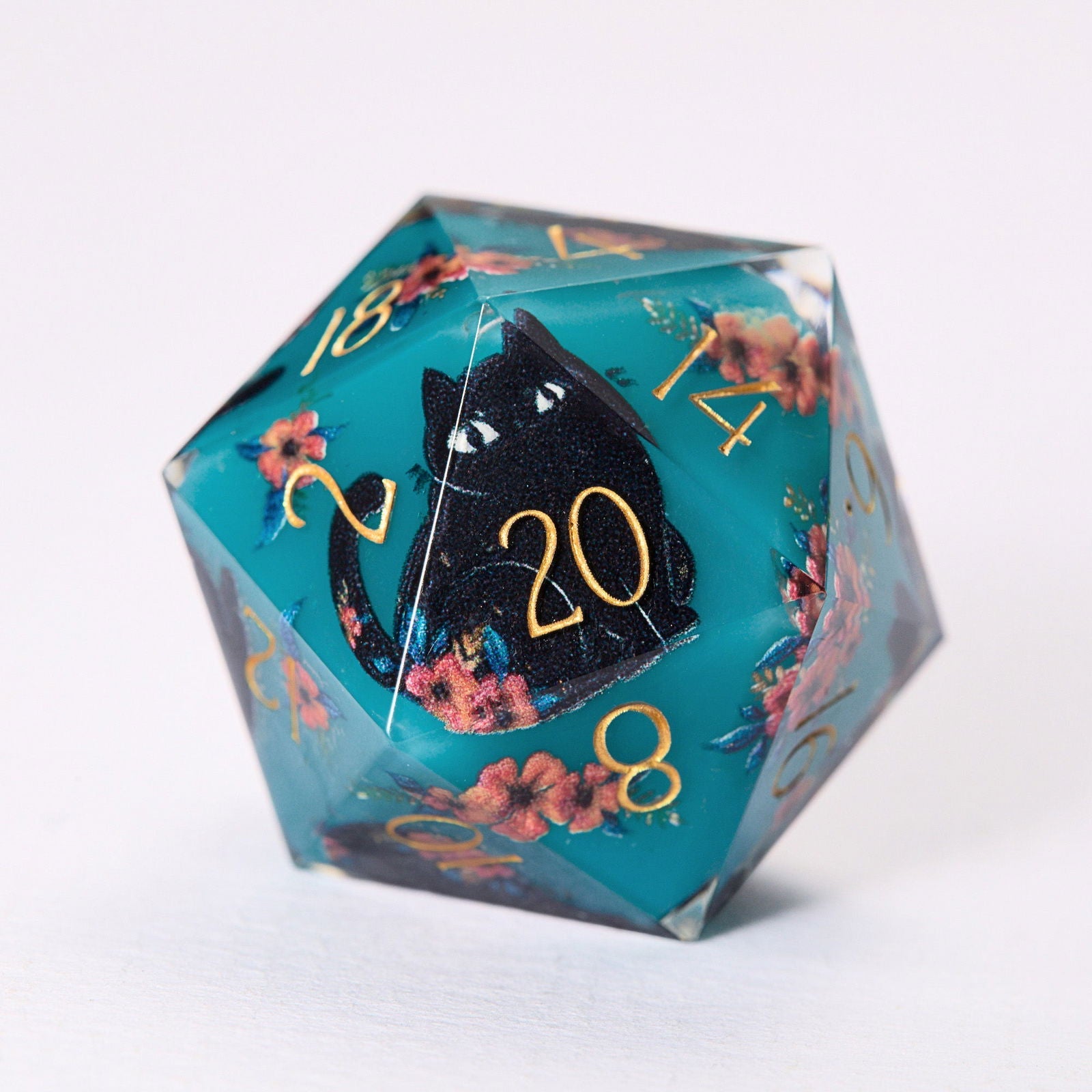Black Cat and Flower Resin DnD D&D Dice Set - CrystalMaggie