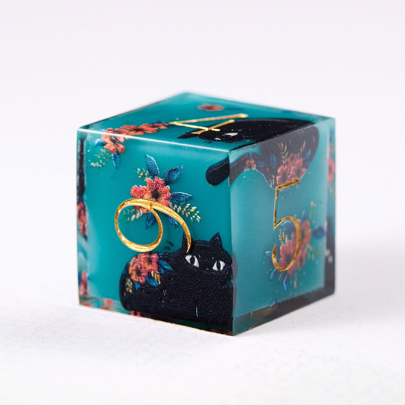Black Cat and Flower Resin DnD D&D Dice Set - CrystalMaggie