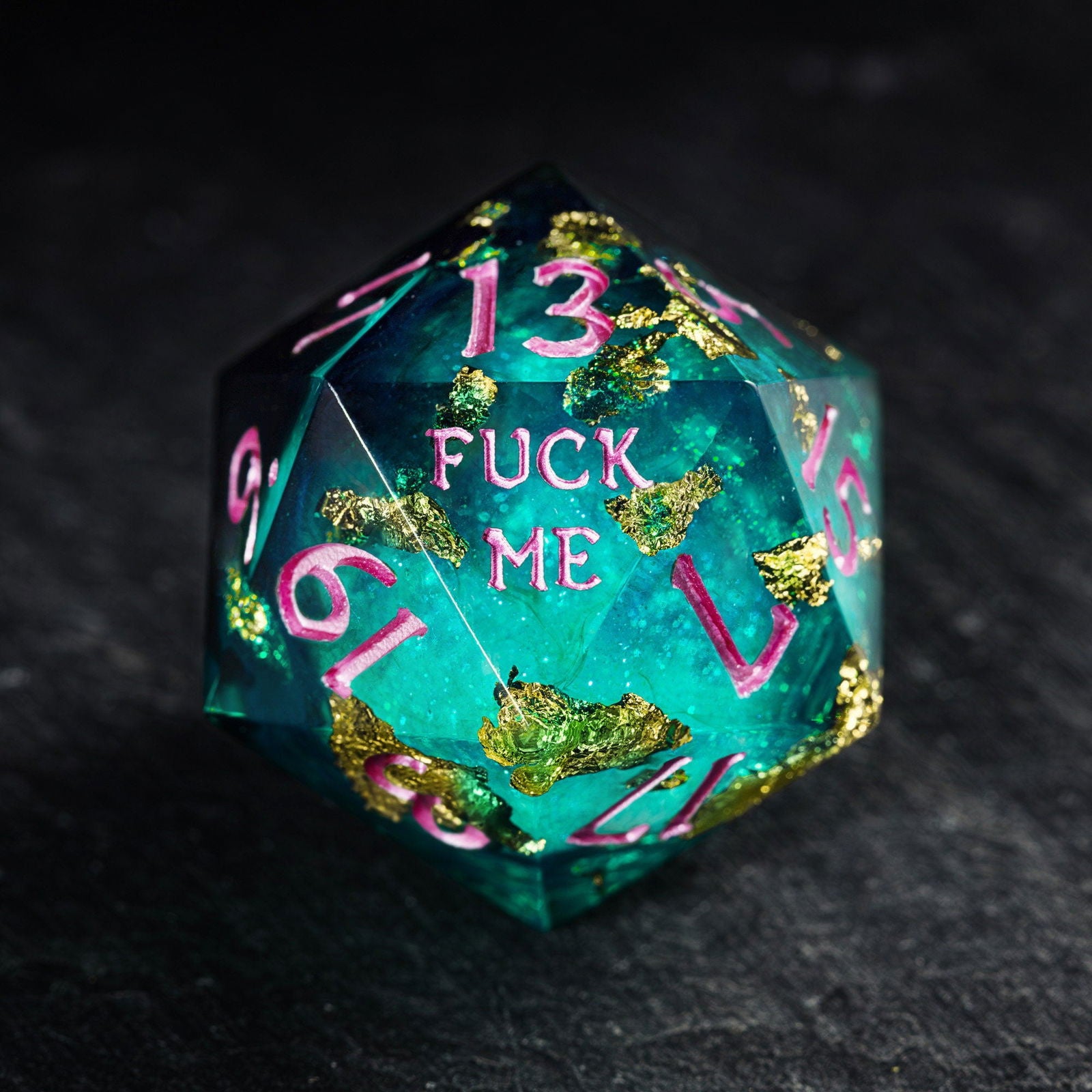 Green Glitter Liquid Core Resin F Word DnD D&D Dice Set - CrystalMaggie