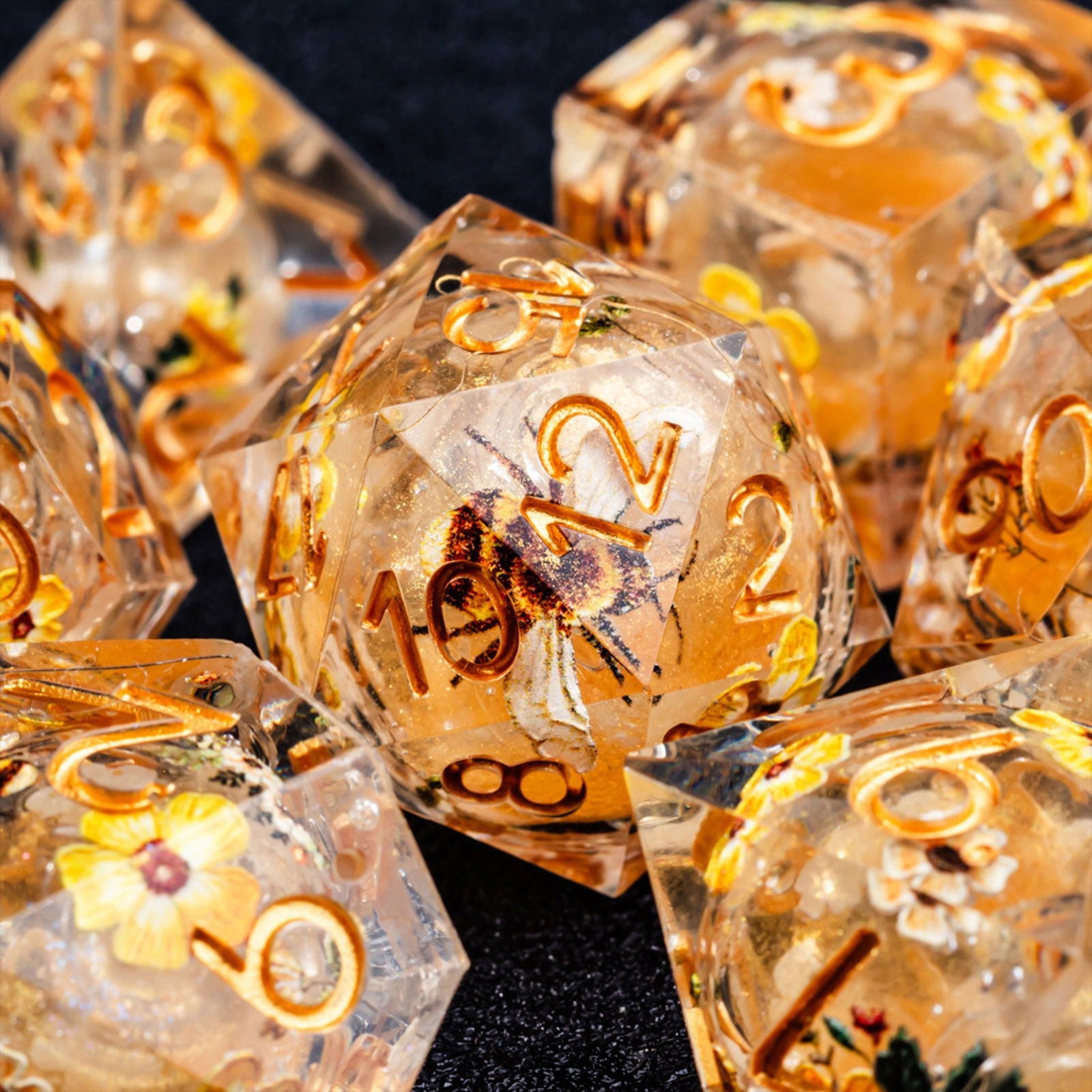 Honey Bee and Flower Liquid Core Resin DnD D&D Dice Set - CrystalMaggie