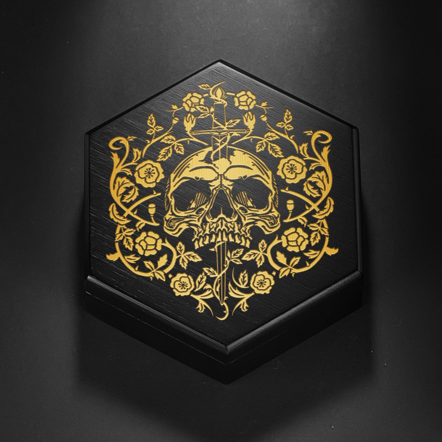 Black Wood Rogue Rose Skull Motif DnD D&D Dice Box