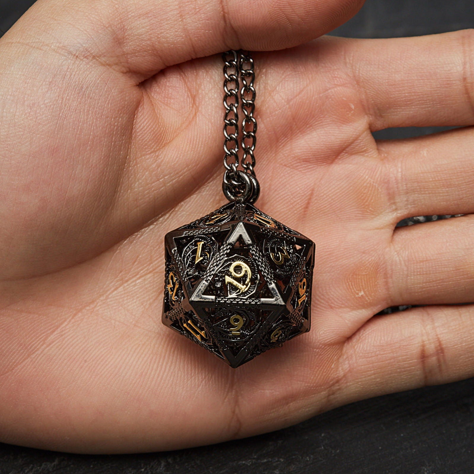 Micro Mini Metal DnD D&D Dice Set Black D20 Dice Cage Necklace - CrystalMaggie