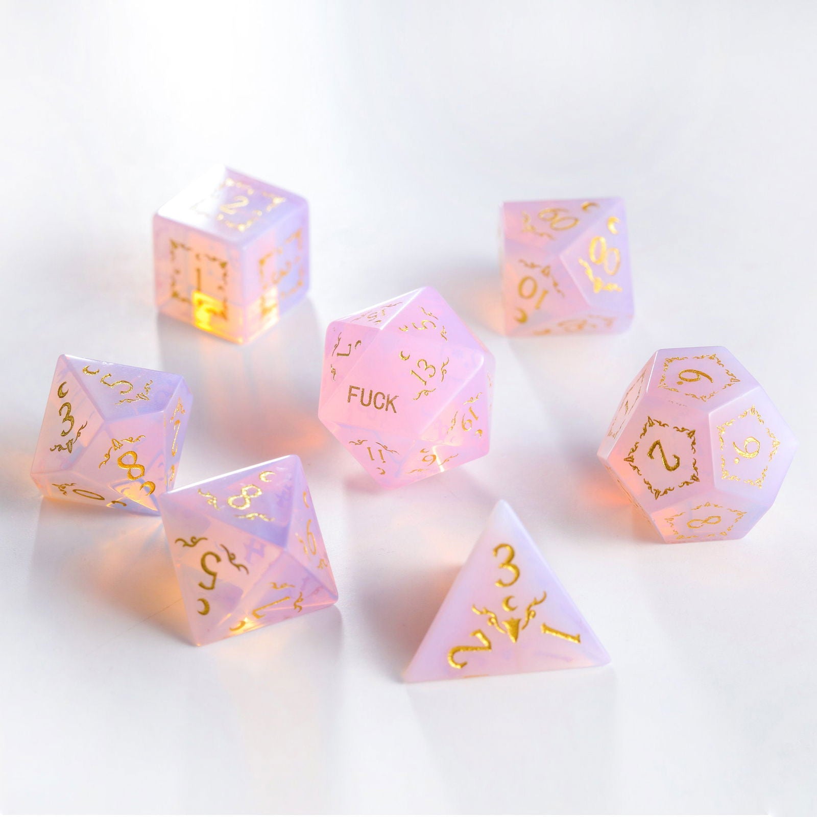 Pink Opalite Gemstone Bunny F*ck DnD D&D Dice Set - CrystalMaggie