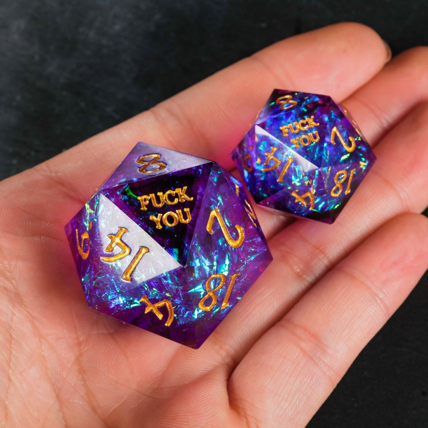 Purple Glitter Galaxy Resin Dice F Word DnD D&D Dice Chonk D20 - CrystalMaggie