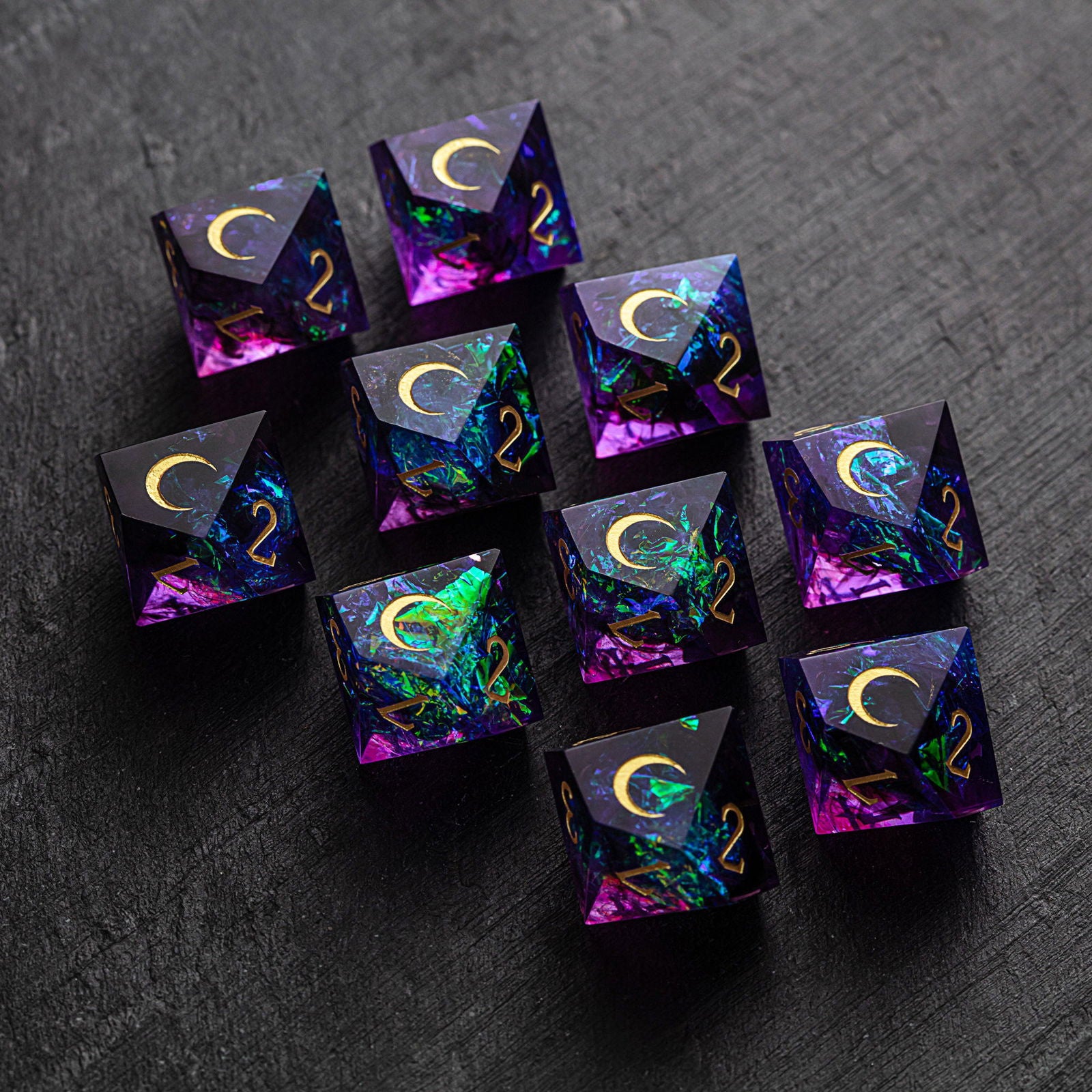 Purple Glitter Galaxy Resin Dice Vampire Dice D10 - CrystalMaggie