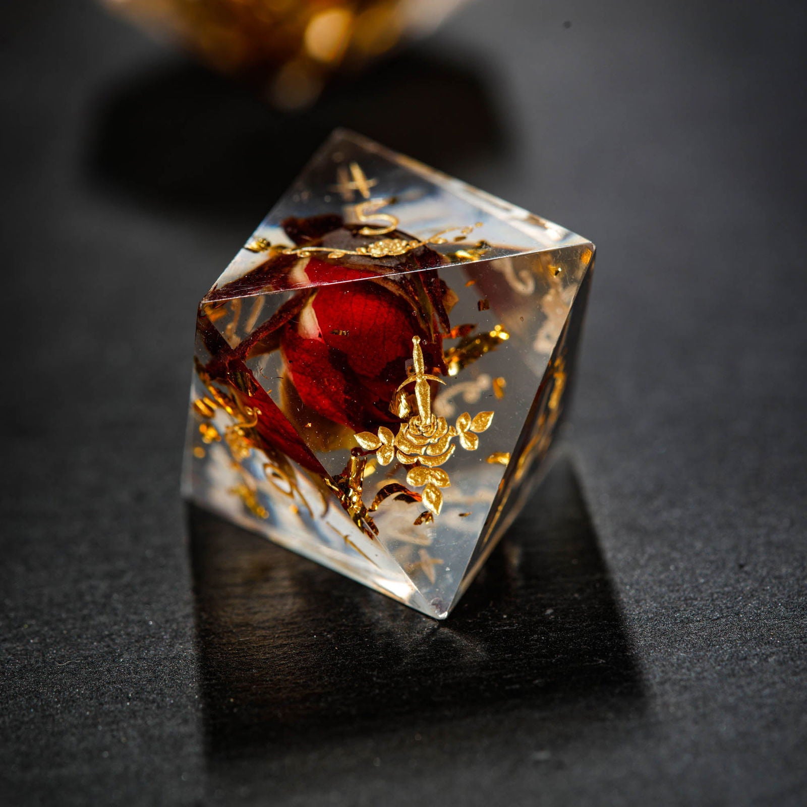 Rose Bud Glitter Resin Rogue Rose Motif DnD D&D Dice Set - CrystalMaggie