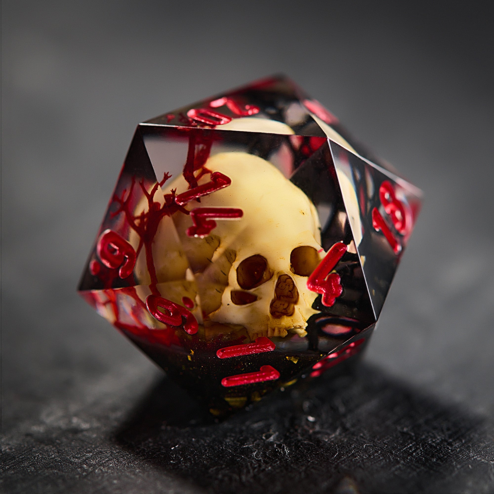 Red Black Coral Skull Resin DnD D&D Dice Set