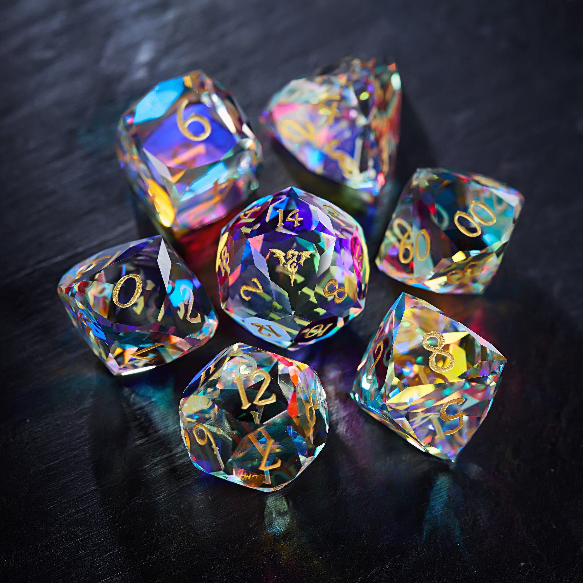 Multifaceted Fantastic Glass Flying Dragon DnD D&D Dice Set