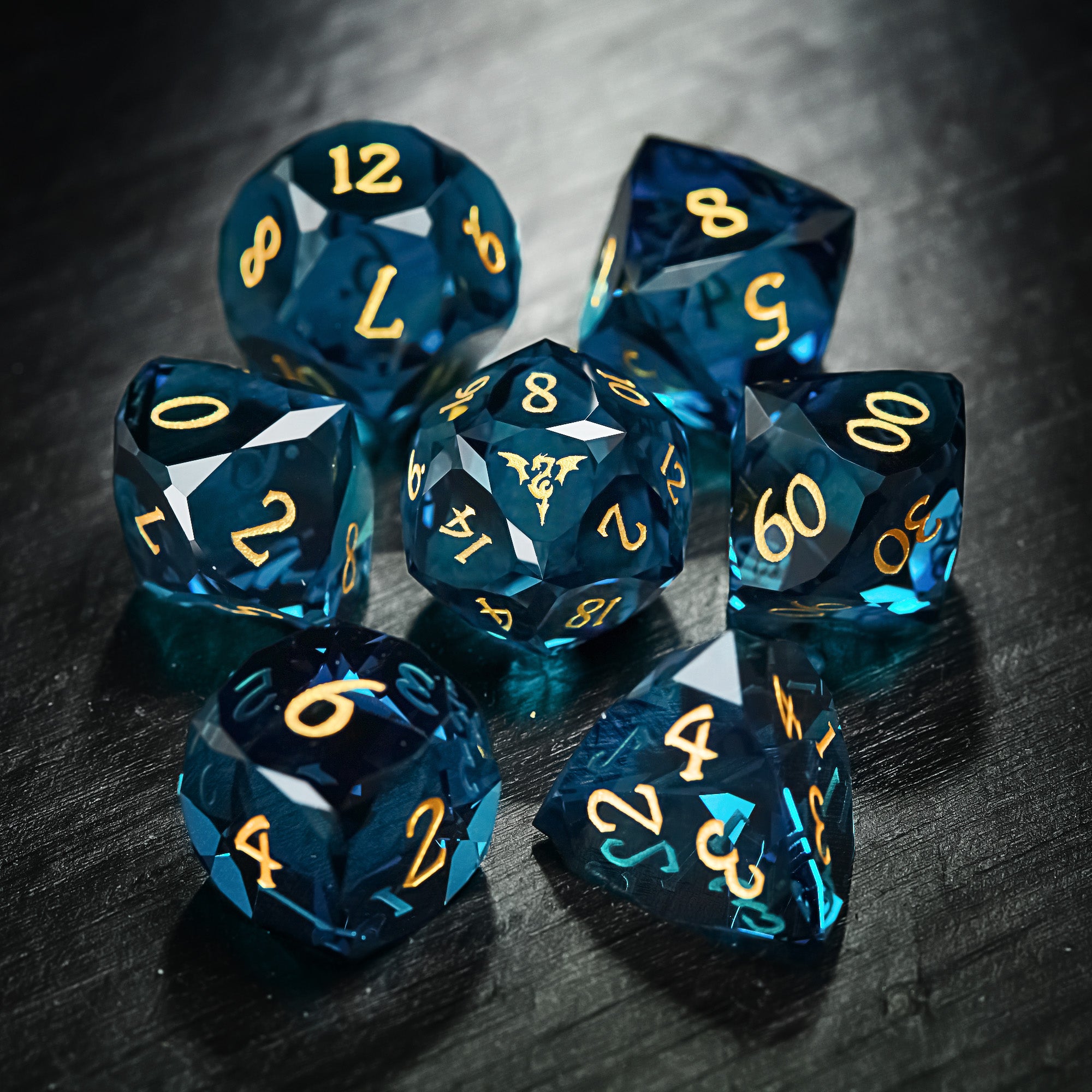 Multifaceted Dark Blue Glass Flying Dragon DnD D&D Dice Set