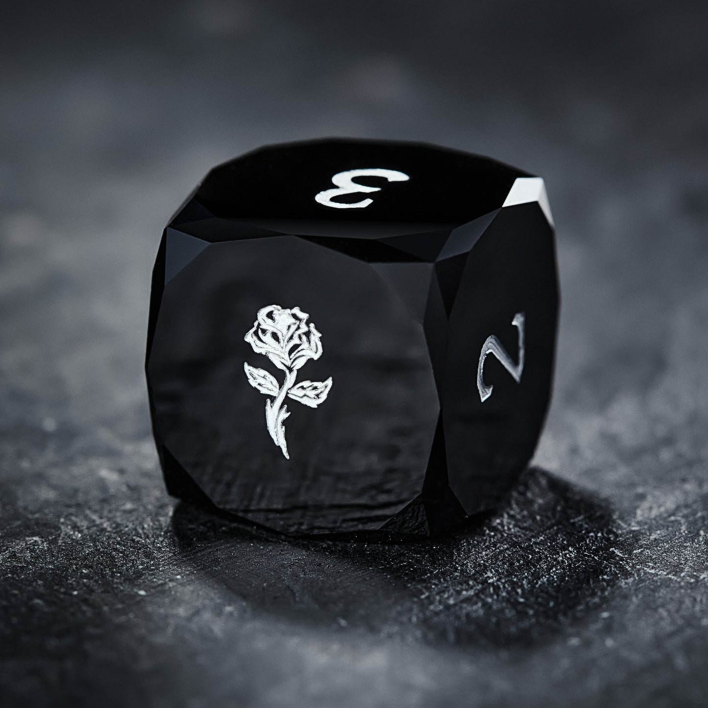Multifaceted Black Obsidian Gemstone All Roses DnD D&D Dice Set