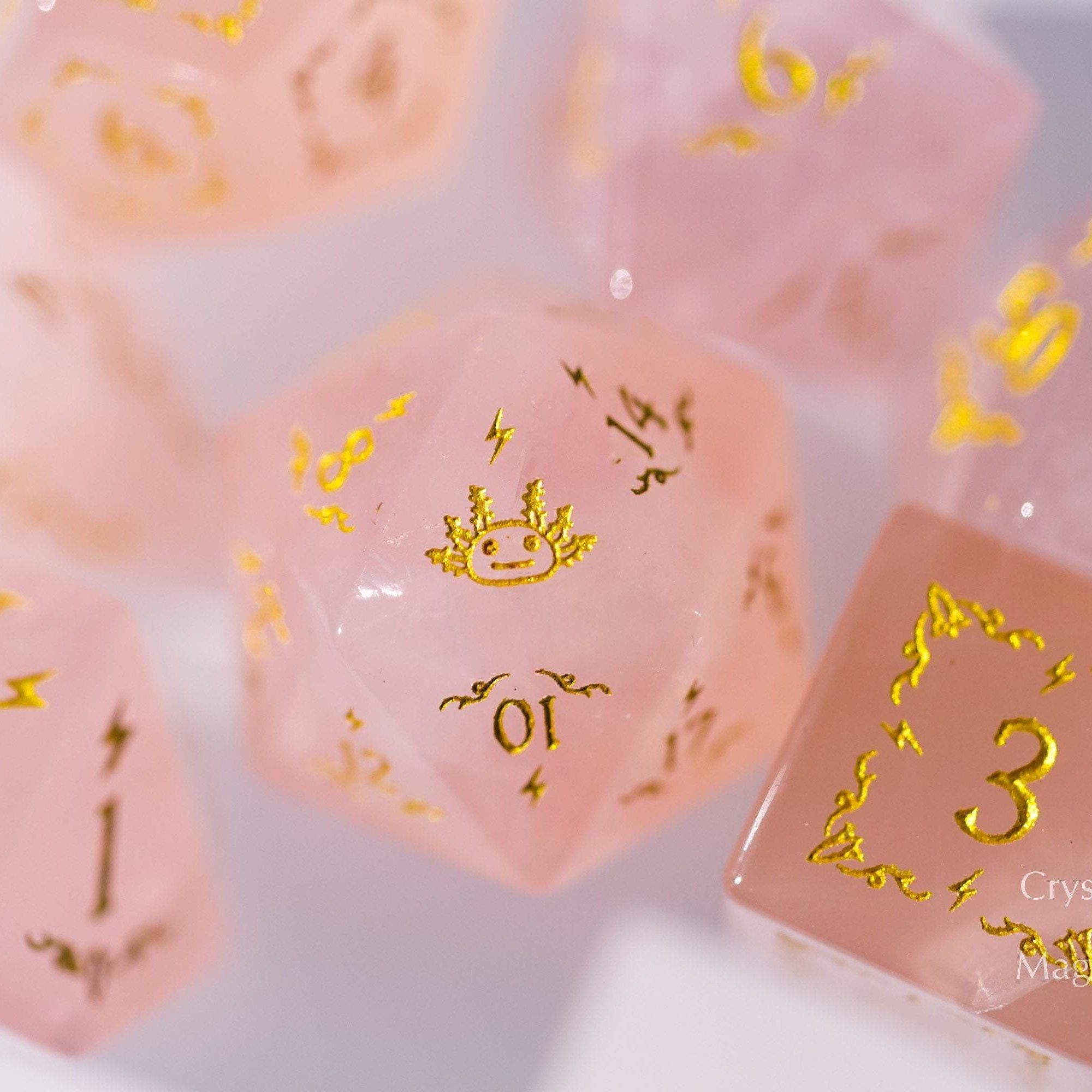 Rose Quartz Gemstone Axolotl F*ck DnD D&D Dice Set - CrystalMaggie