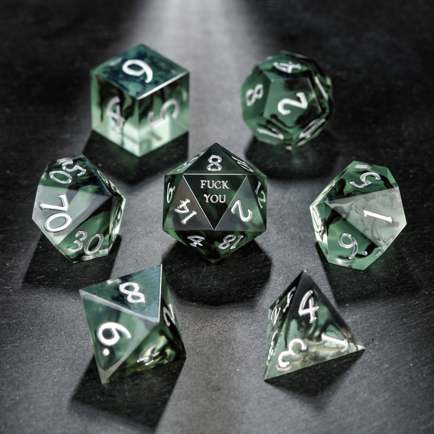 Smoky Dark Olive F Word DnD D&D Dice Set - CrystalMaggie