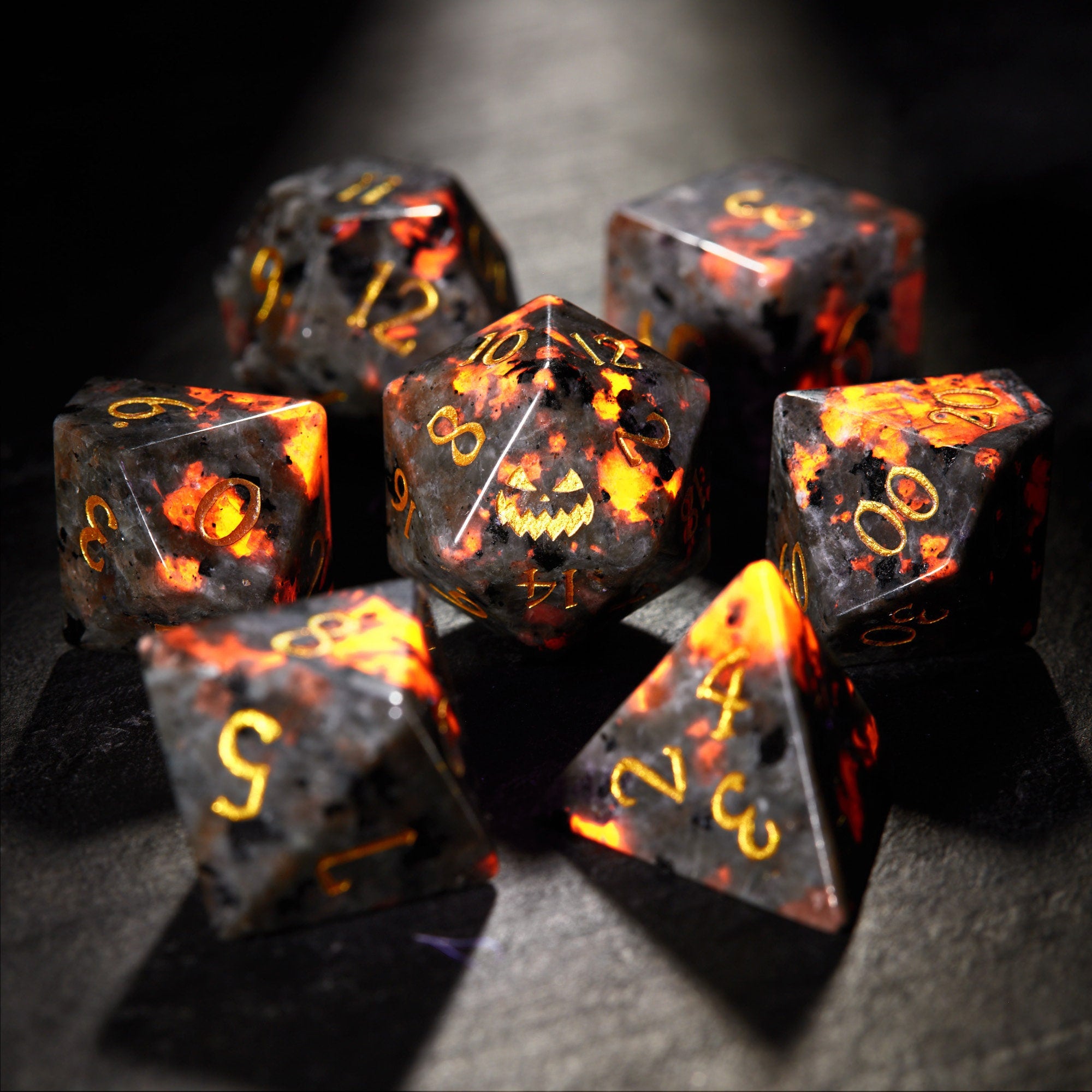Yooperlite UV Reactive Gemstone Halloween Pumpkin DnD D&D Dice Set