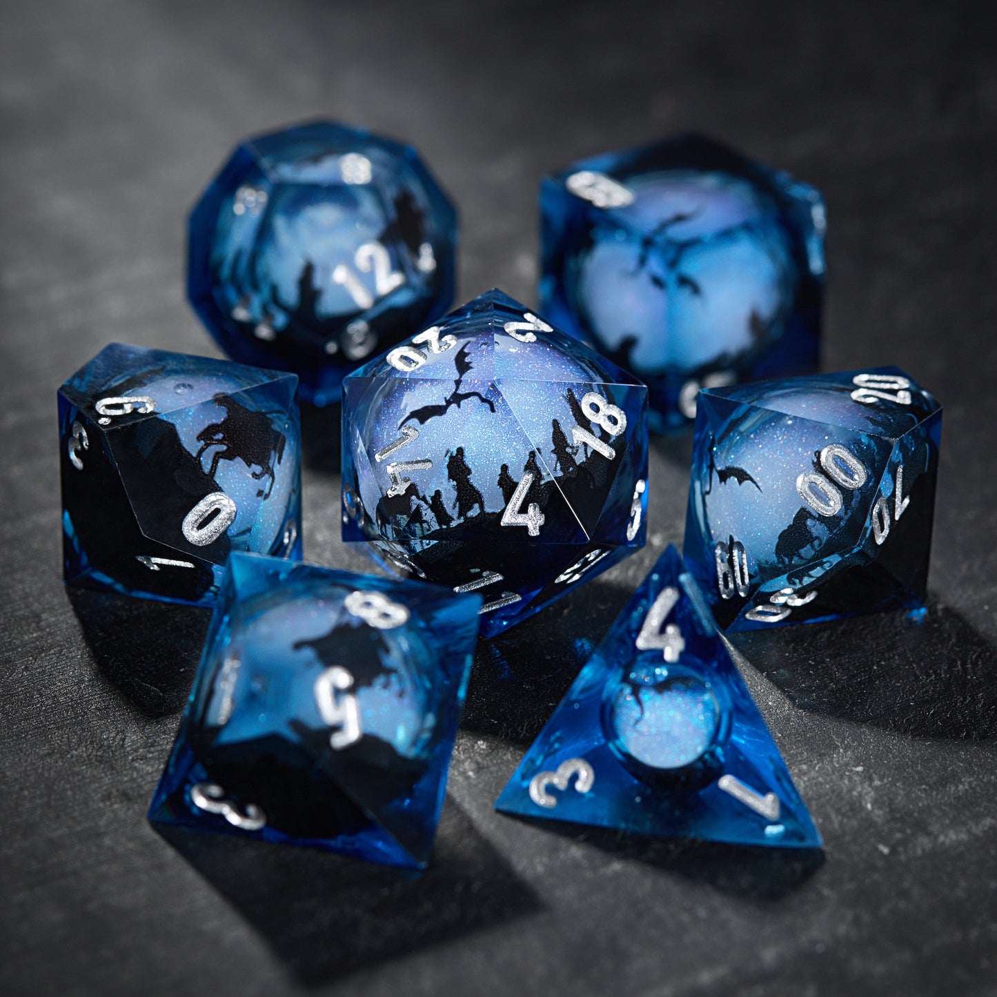 Fellowship of the Ring-inspired Blue Liquid Core Resin DnD D&D Dice Set