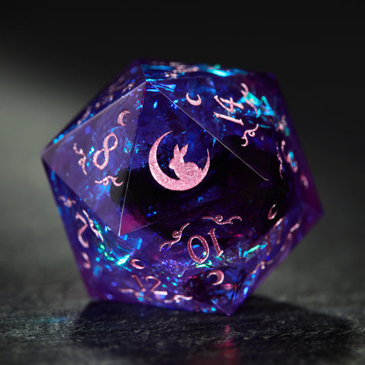 Lunar Silhouette with Amethyst and Gold - Purple Glitter Galaxy Resin Dice Antler Moon Motif All Bunny F*ck DnD D&D Dice Set