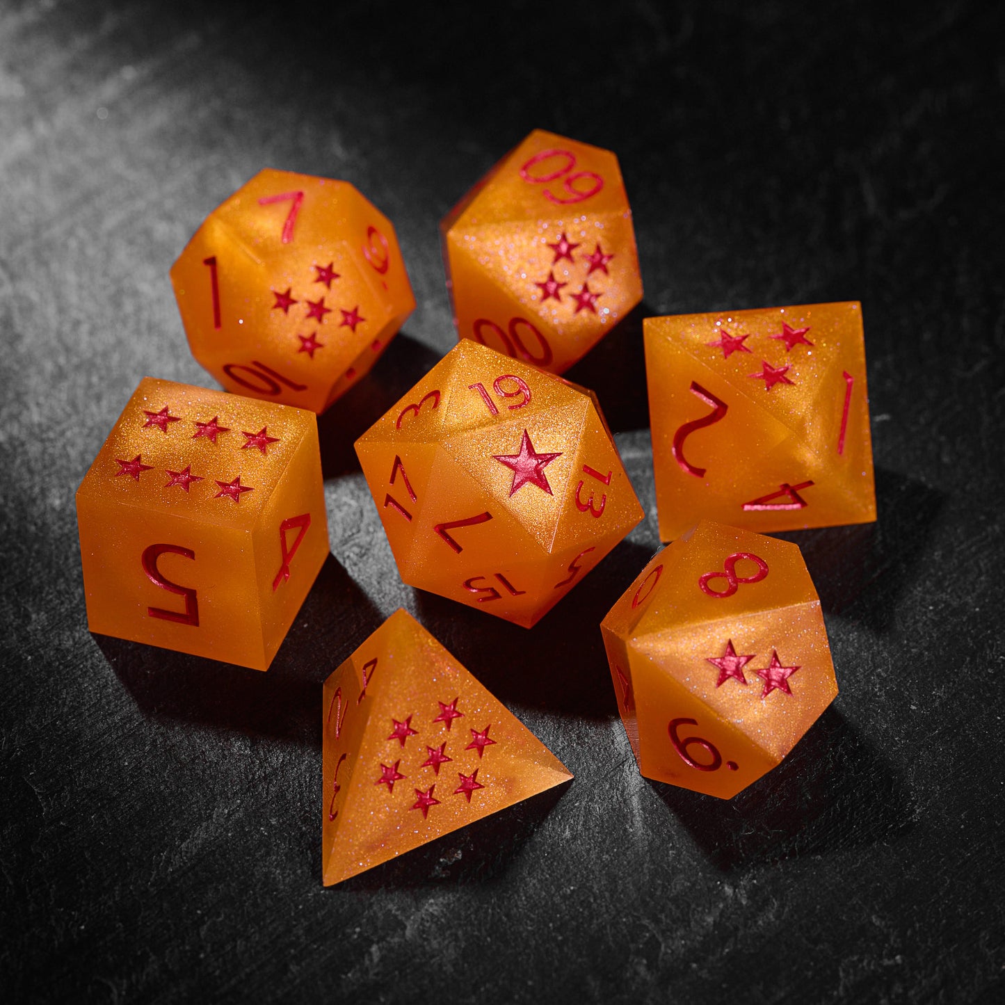 Design inspired by Dragon Ball - Orange Resin DnD D&D Dice Set