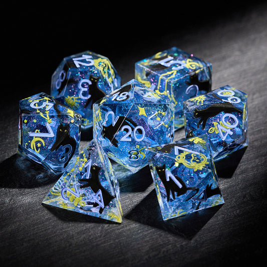 Starry Night with a Cat - Black Cat Resin DnD D&D Dice Set