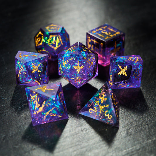 Purple Glitter Galaxy Dice Rogue Rose Motif DnD D&D Dice Set
