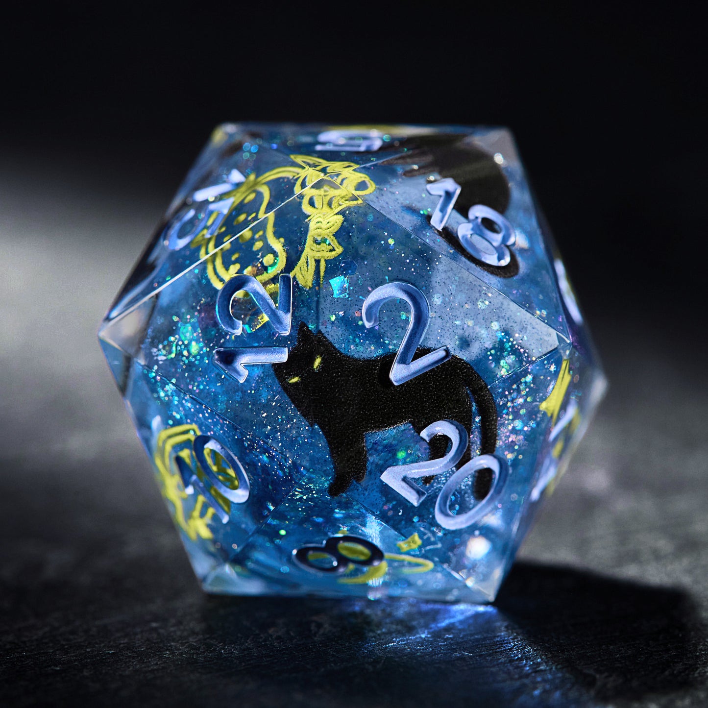 Starry Night with a Cat - Black Cat Resin DnD D&D Dice Set