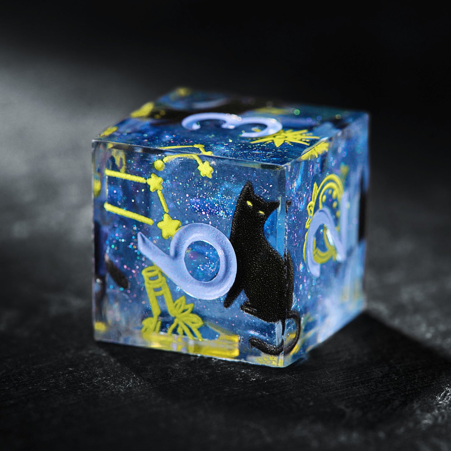 Starry Night with a Cat - Black Cat Resin DnD D&D Dice Set