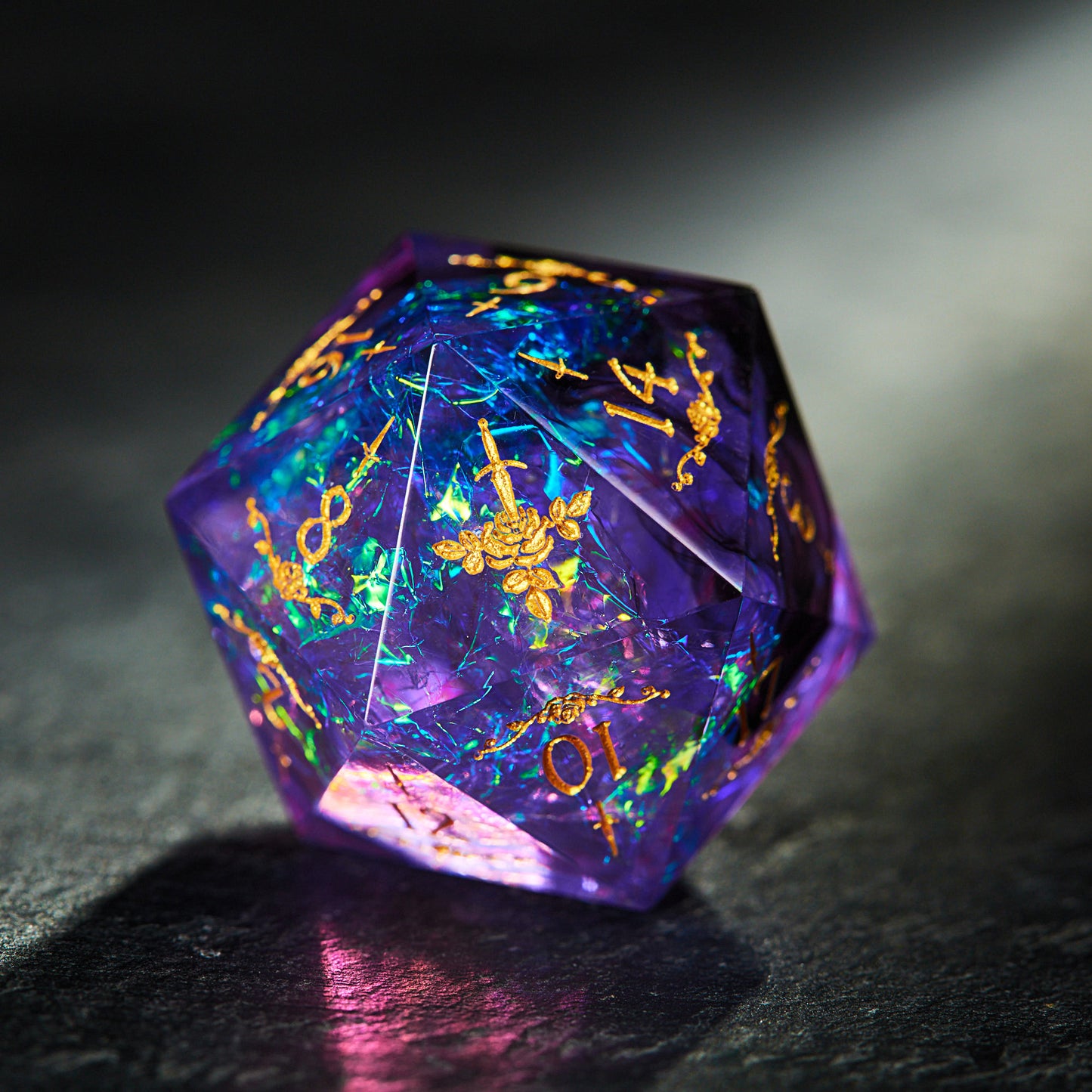Purple Glitter Galaxy Dice Rogue Rose Motif DnD D&D Dice Set