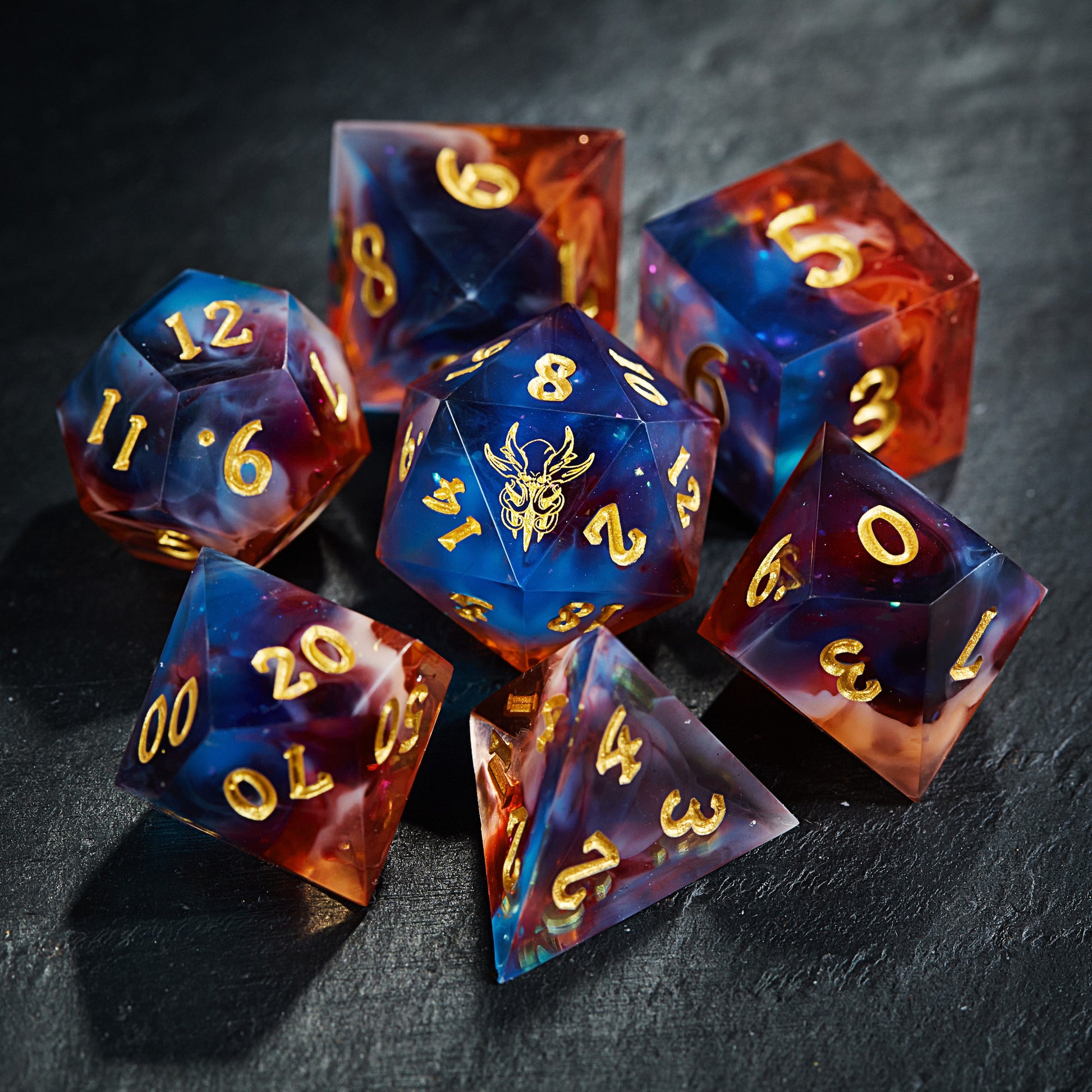 Mystical Blue and Red Resin Dice for Baldur's Gate Adventures DnD D&D Dice Set