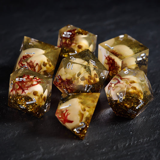 Red Black Coral Skull Resin DnD D&D Dice Set