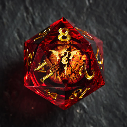 Floating Red Pupil Dragon's Eye Liquid Core Resin Flying Dragon DnD D&D Dice Set