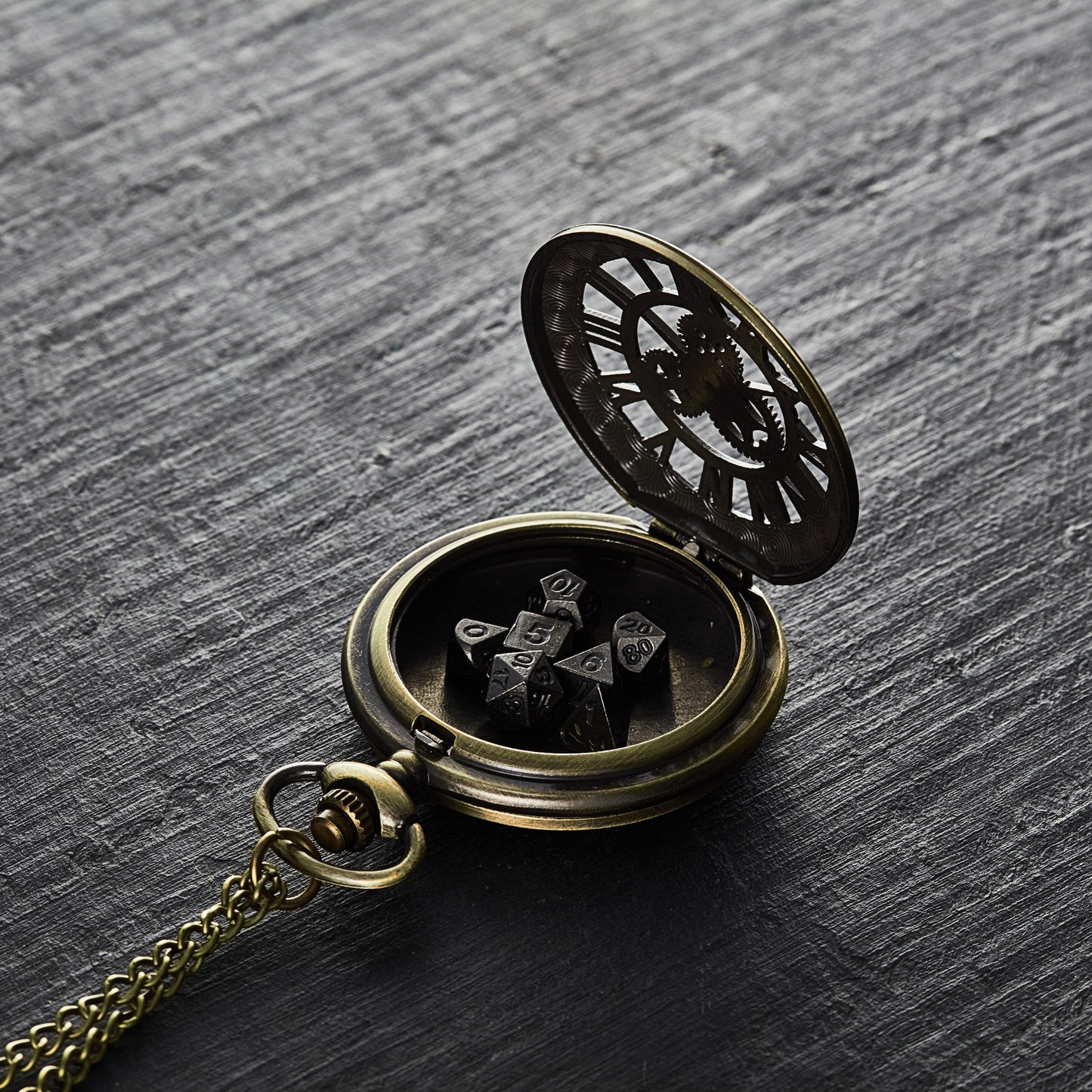 Micro Mini Metal DnD D&D Dice Set Roman Style Clock Pocket Case
