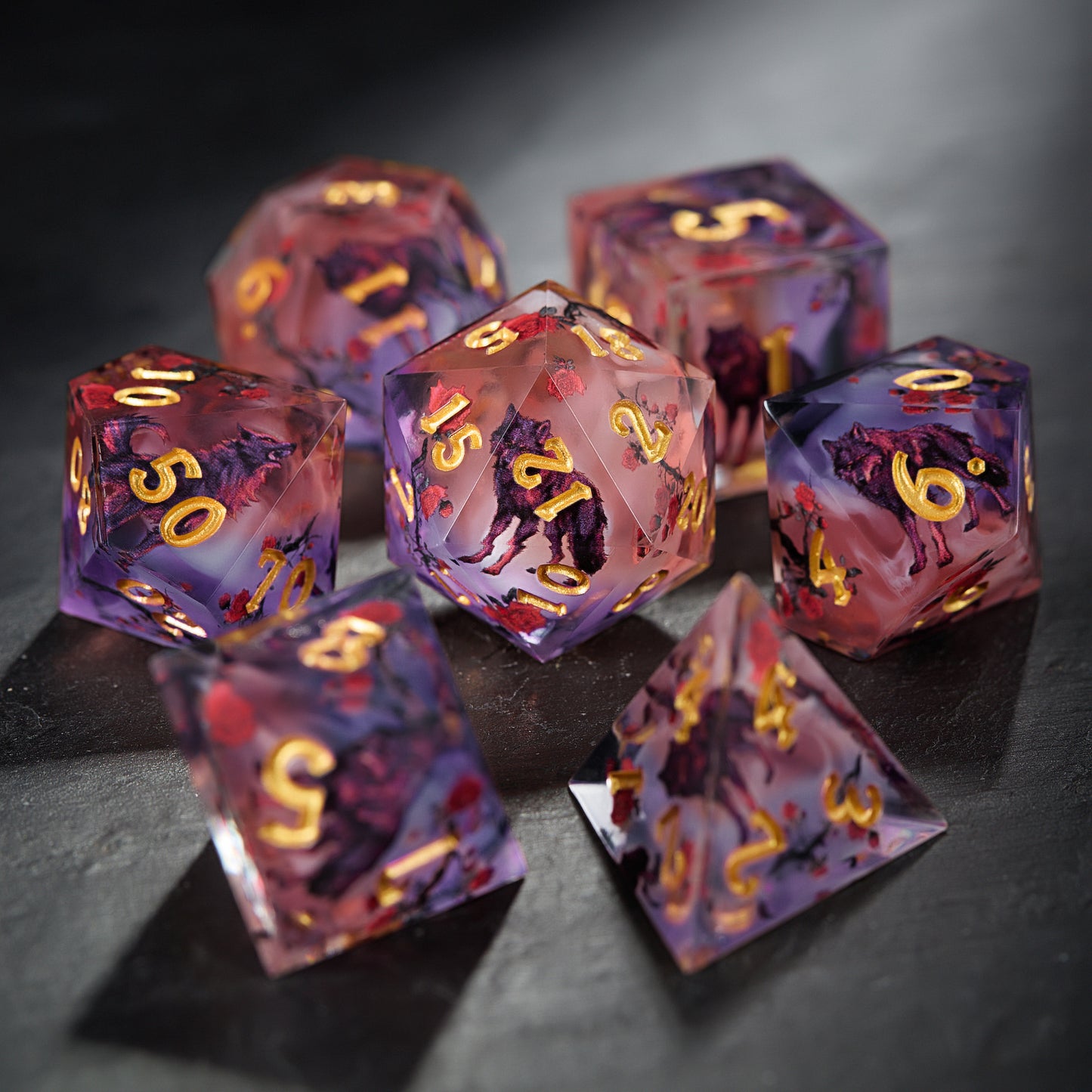 Mystical Black Wolf Rose Resin DnD D&D Dice Set