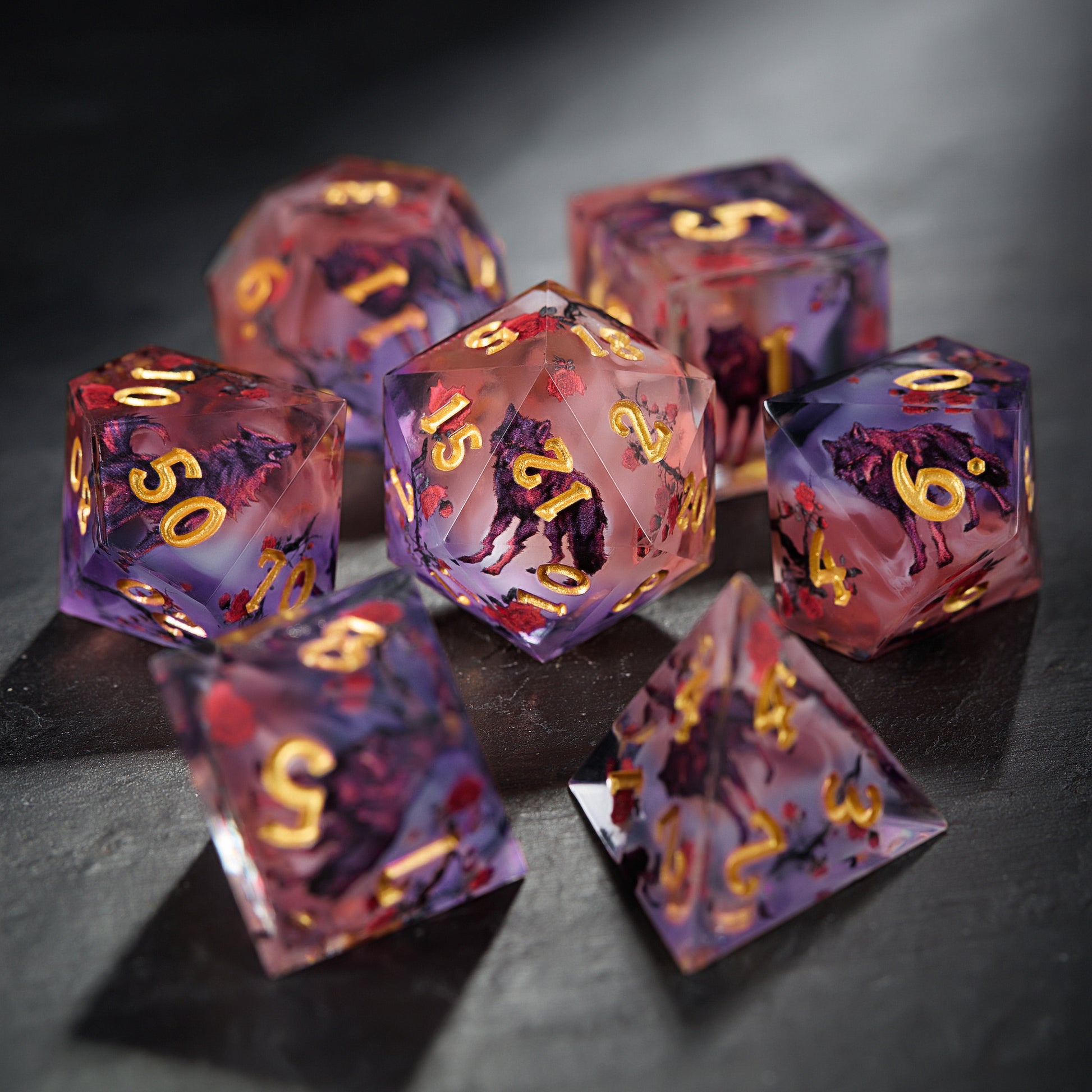 Mystical Black Wolf Rose Resin DnD D&D Dice Set