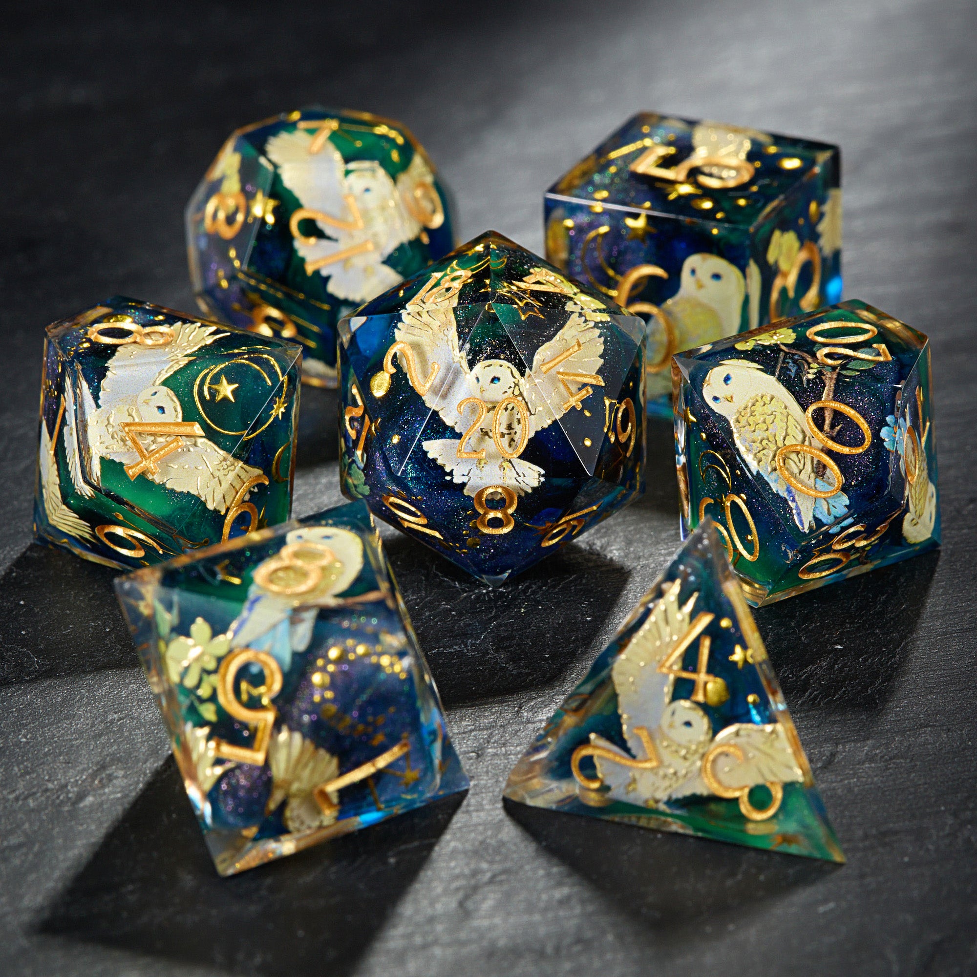 Starry Night Owl Resin DnD D&D Dice Set