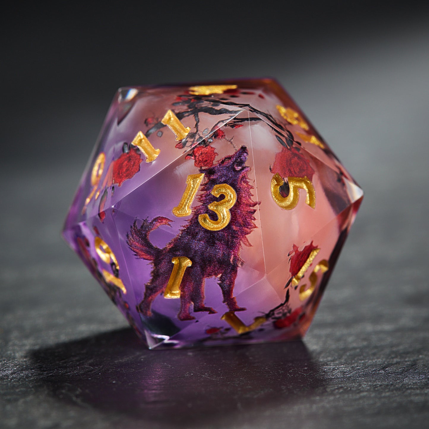 Mystical Black Wolf Rose Resin DnD D&D Dice Set