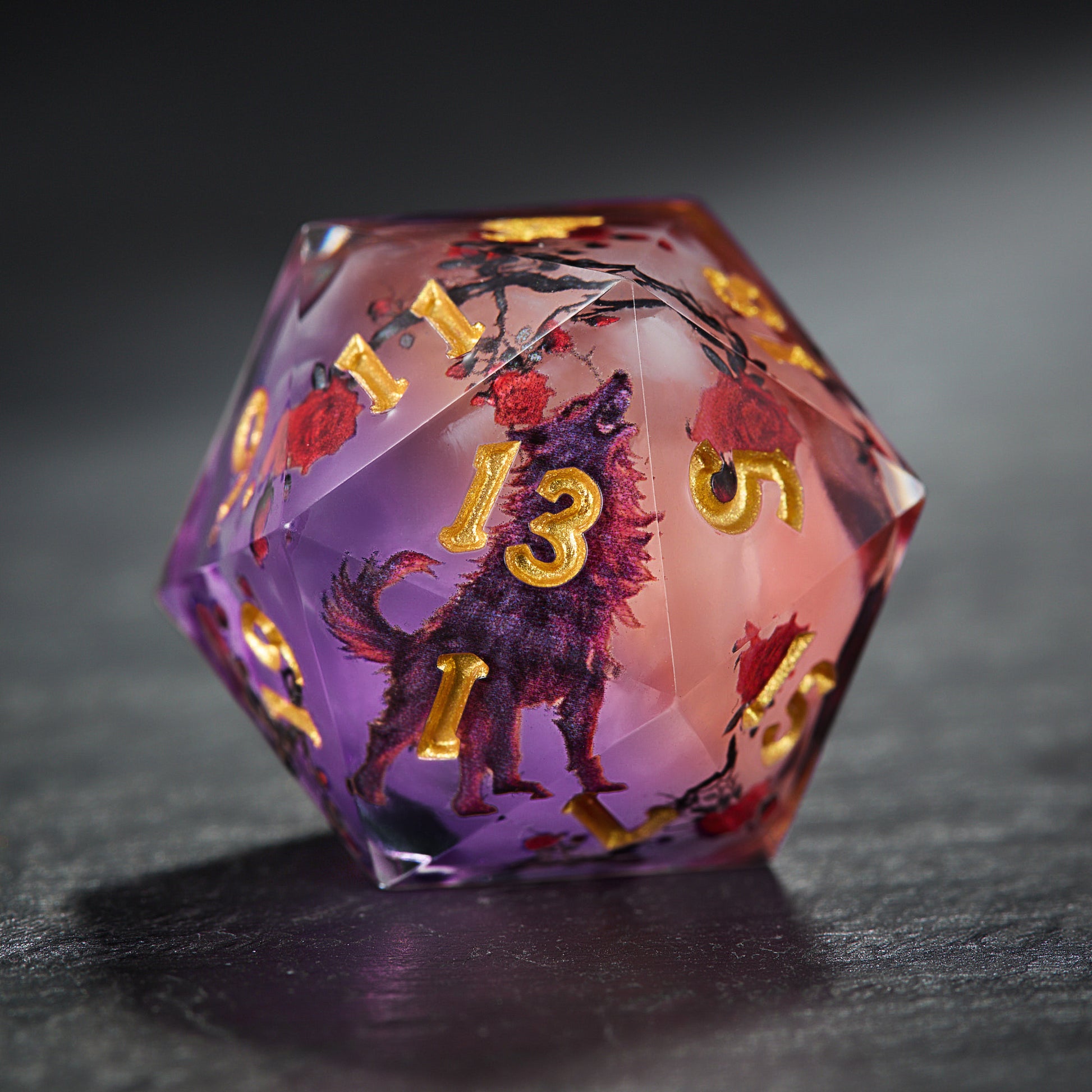 Mystical Black Wolf Rose Resin DnD D&D Dice Set
