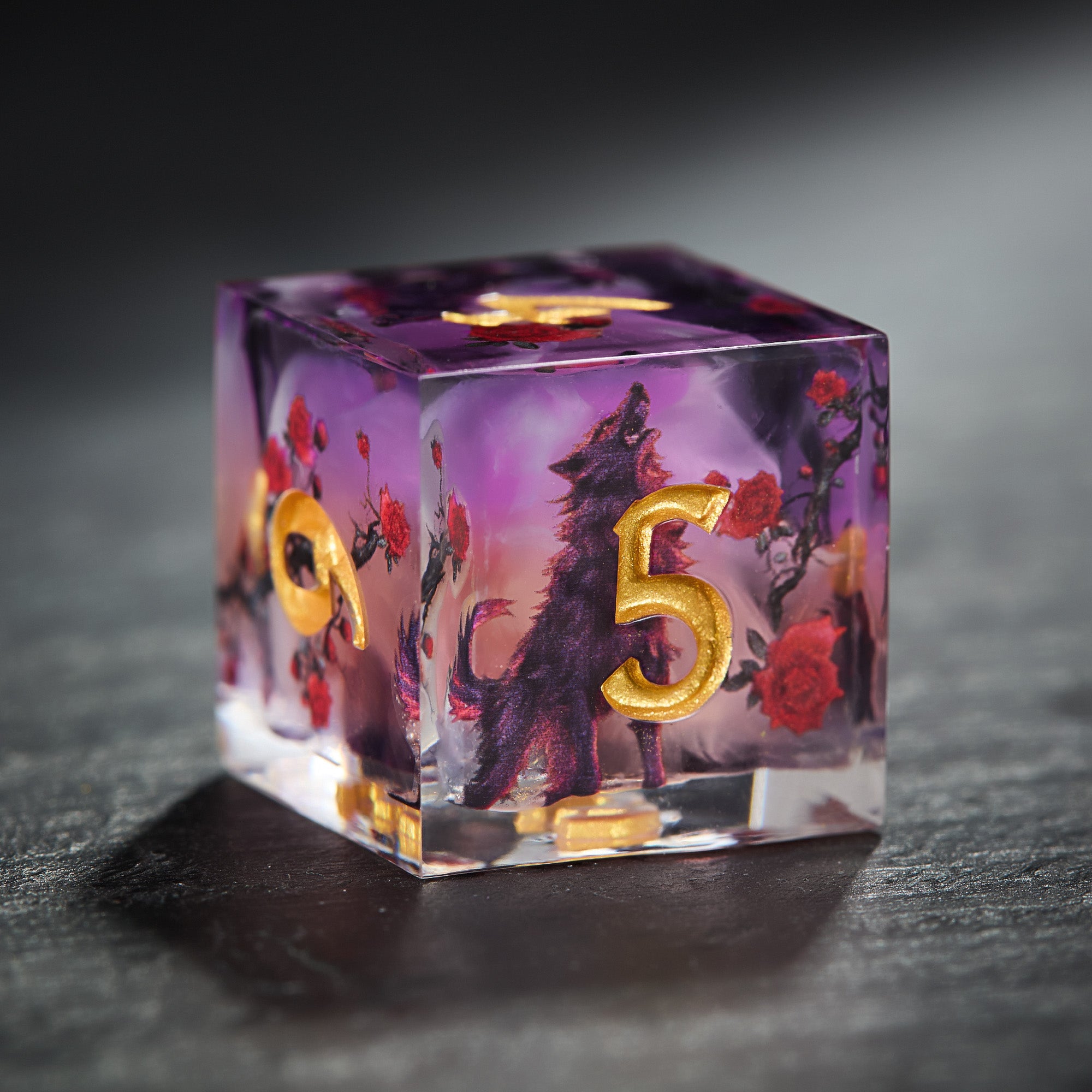 Mystical Black Wolf Rose Resin DnD D&D Dice Set