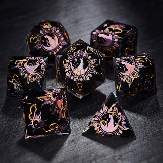 Mystic Black Star Moon Cat Resin DnD D&D Dice Set