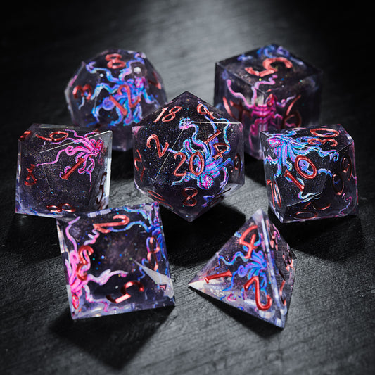 Purple and Blue Double-Sided Octopus Resin DnD D&D Dice Set